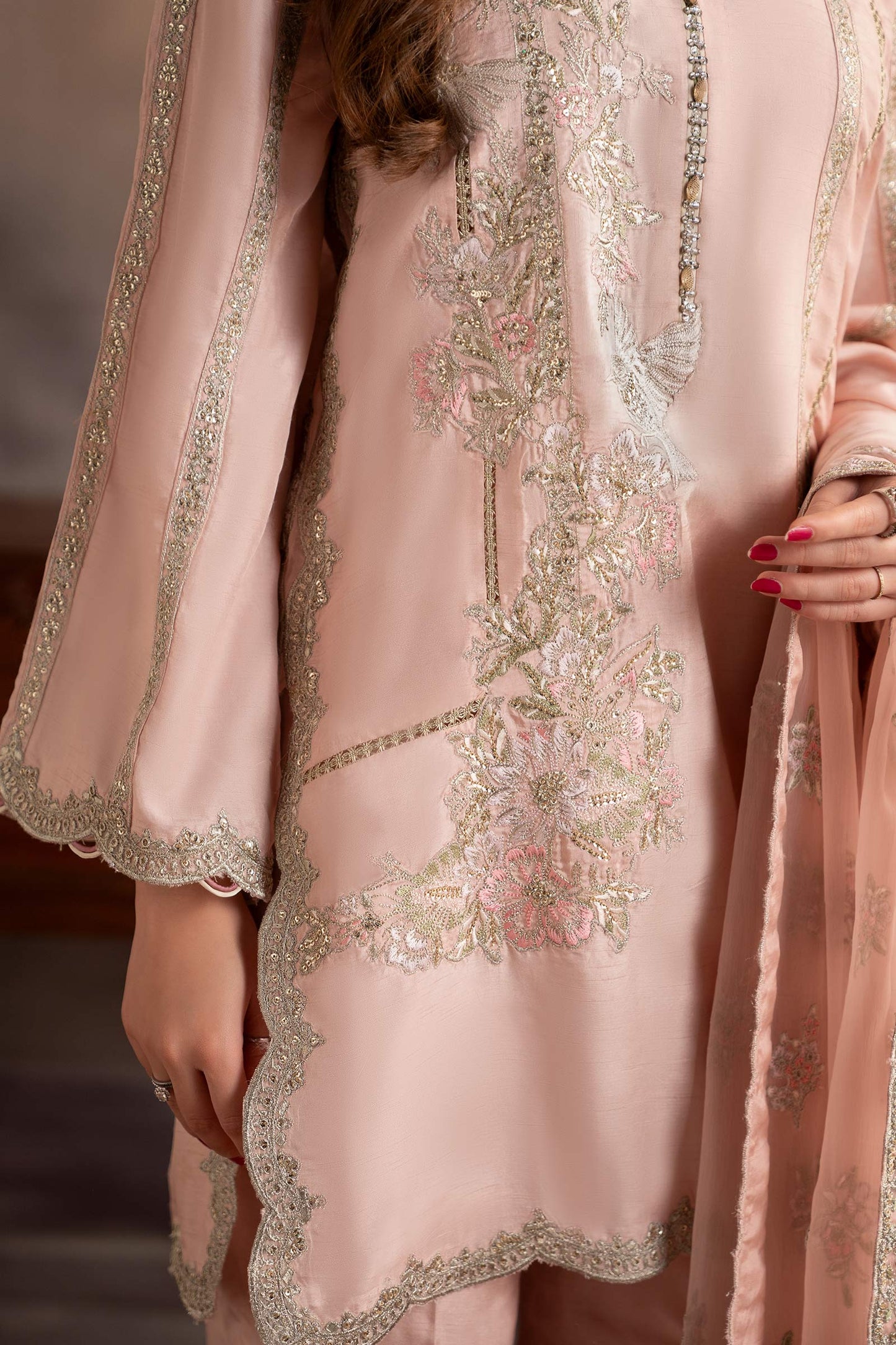 3 Piece Embroidered Raw Silk Suit