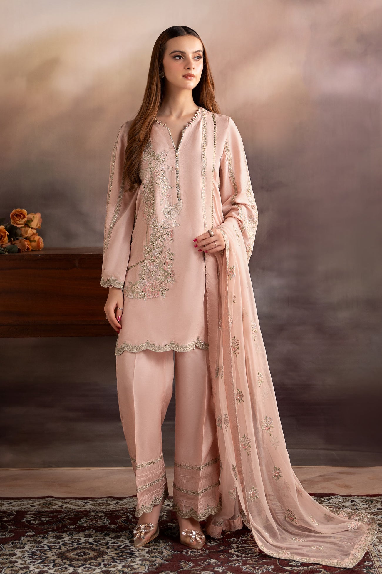 3 Piece Embroidered Raw Silk Suit