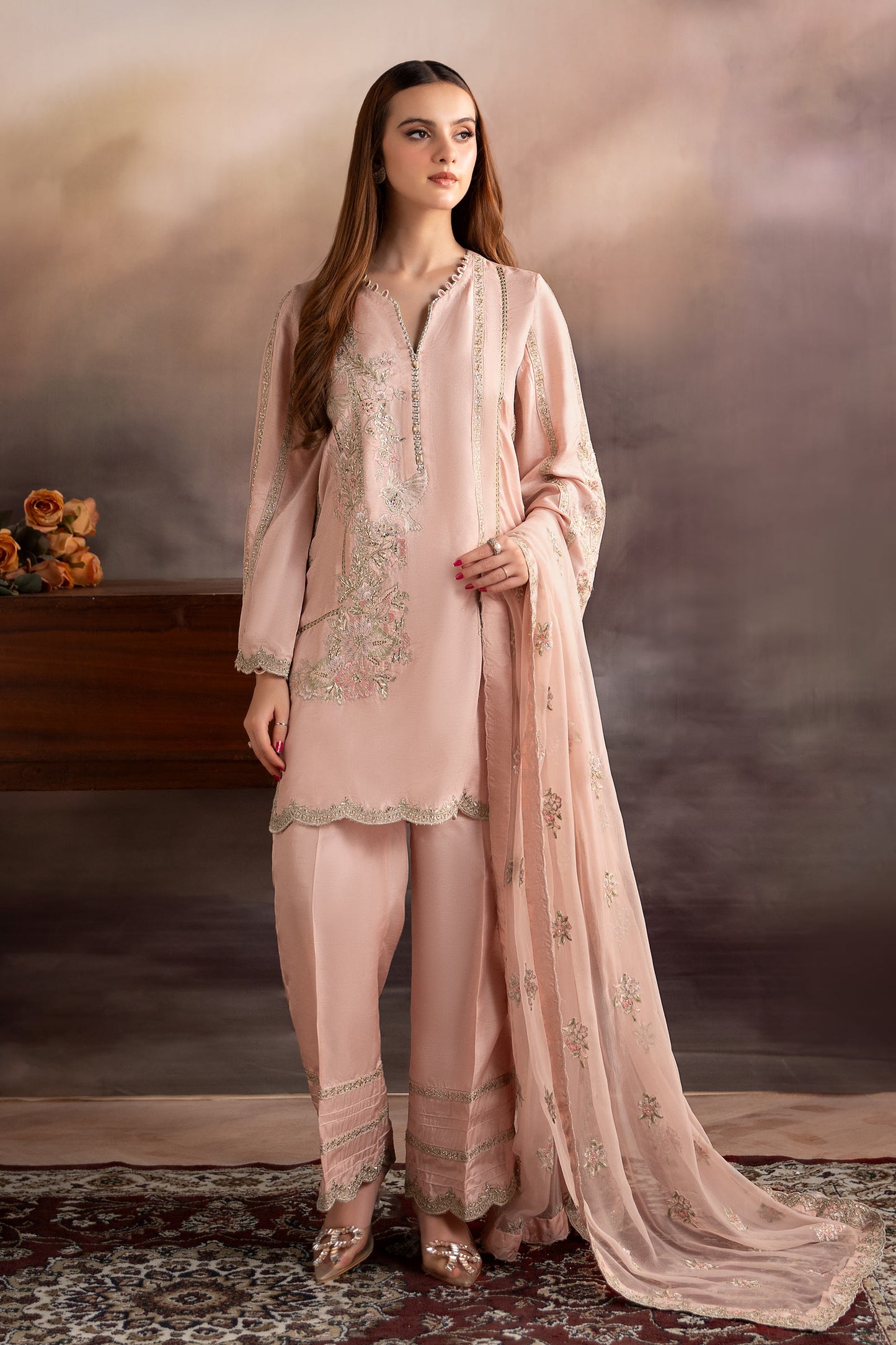 3 Piece Embroidered Raw Silk Suit