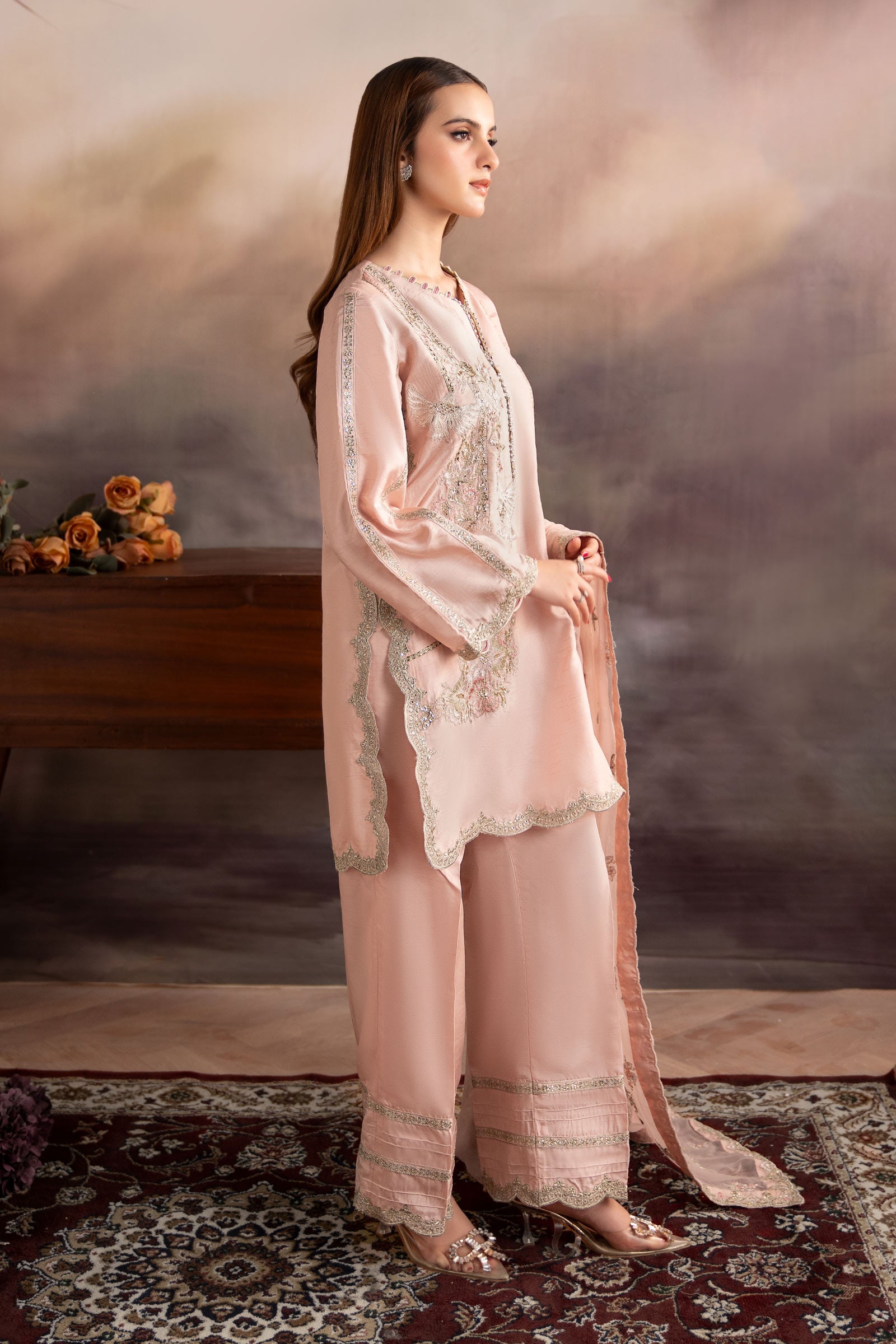 3 Piece Embroidered Raw Silk Suit