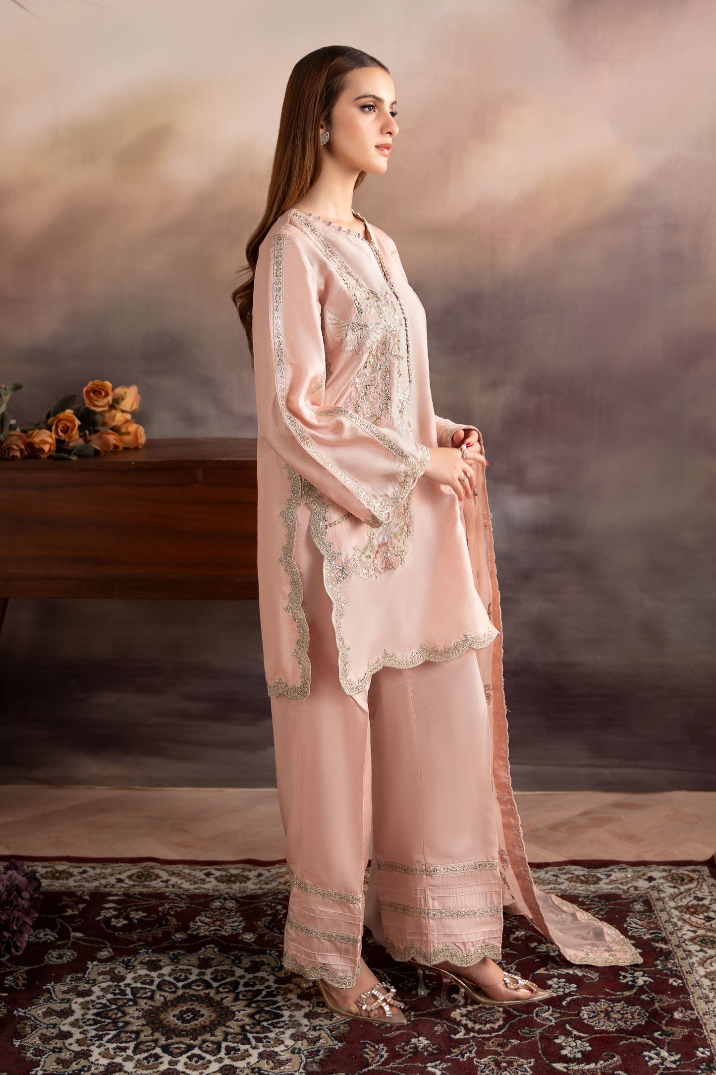 3 Piece Embroidered Raw Silk Suit