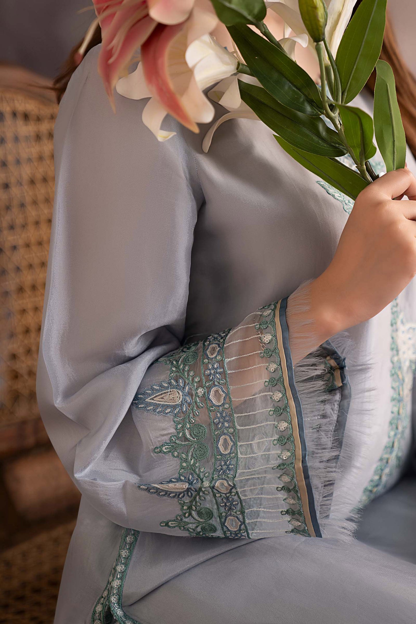 3 Piece Embroidered Tassel Silk Suit