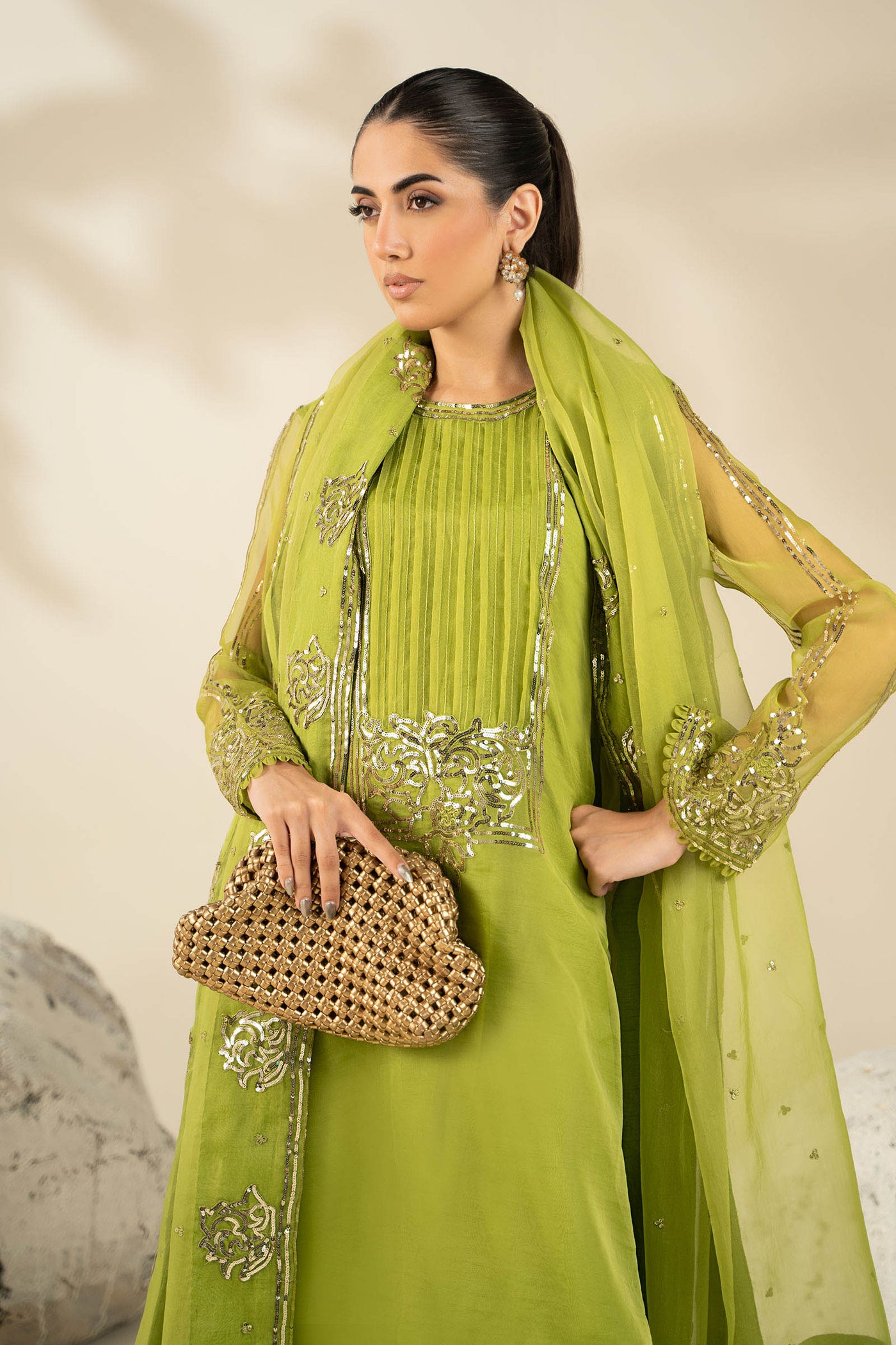 3 Piece Embroidered Tissue Silk Suit