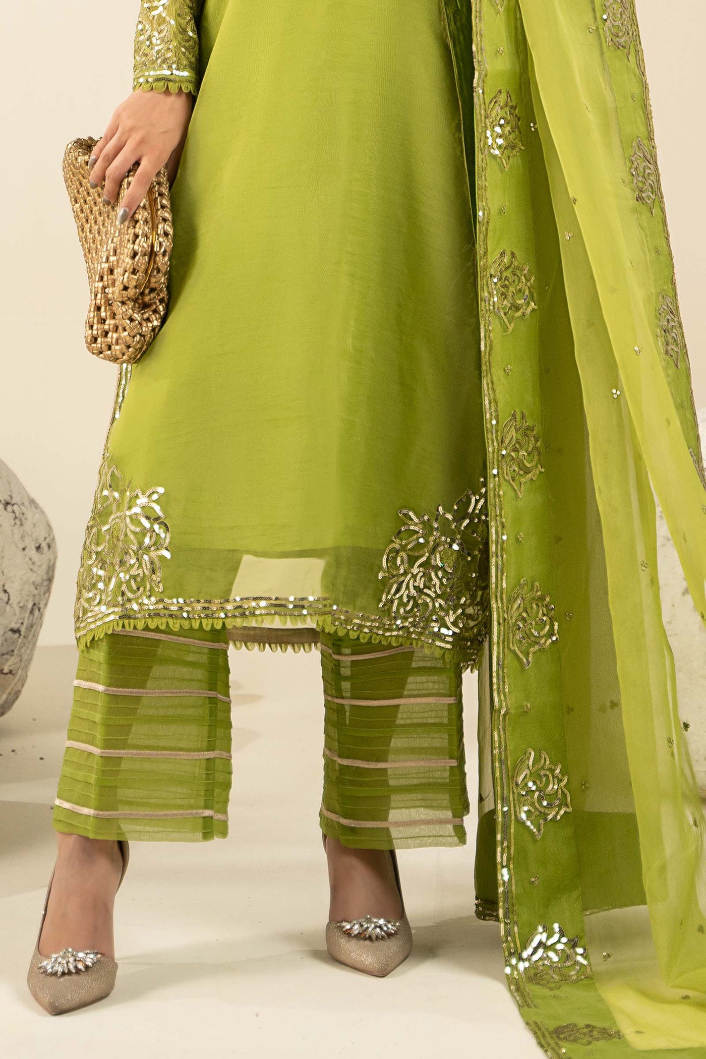 3 Piece Embroidered Tissue Silk Suit