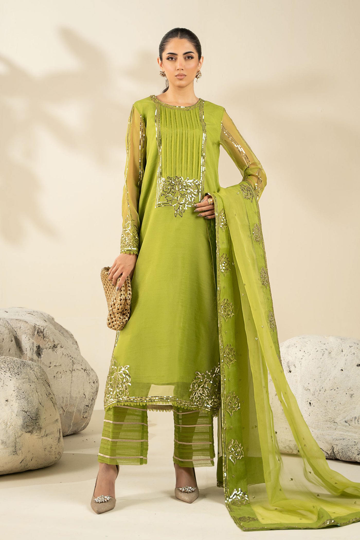 3 Piece Embroidered Tissue Silk Suit