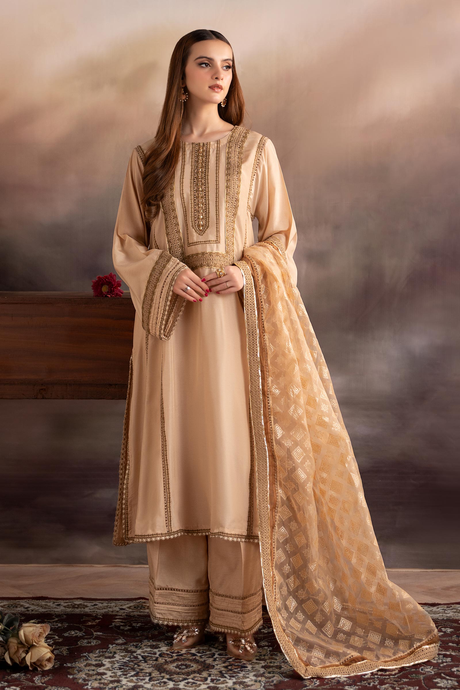 3 Piece Embroidered Tissue Silk Suit