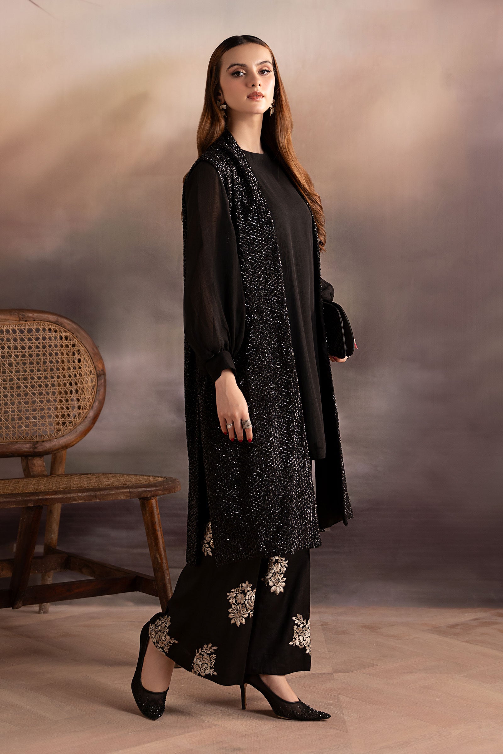 3 Piece Embroidered Raw Silk Suit