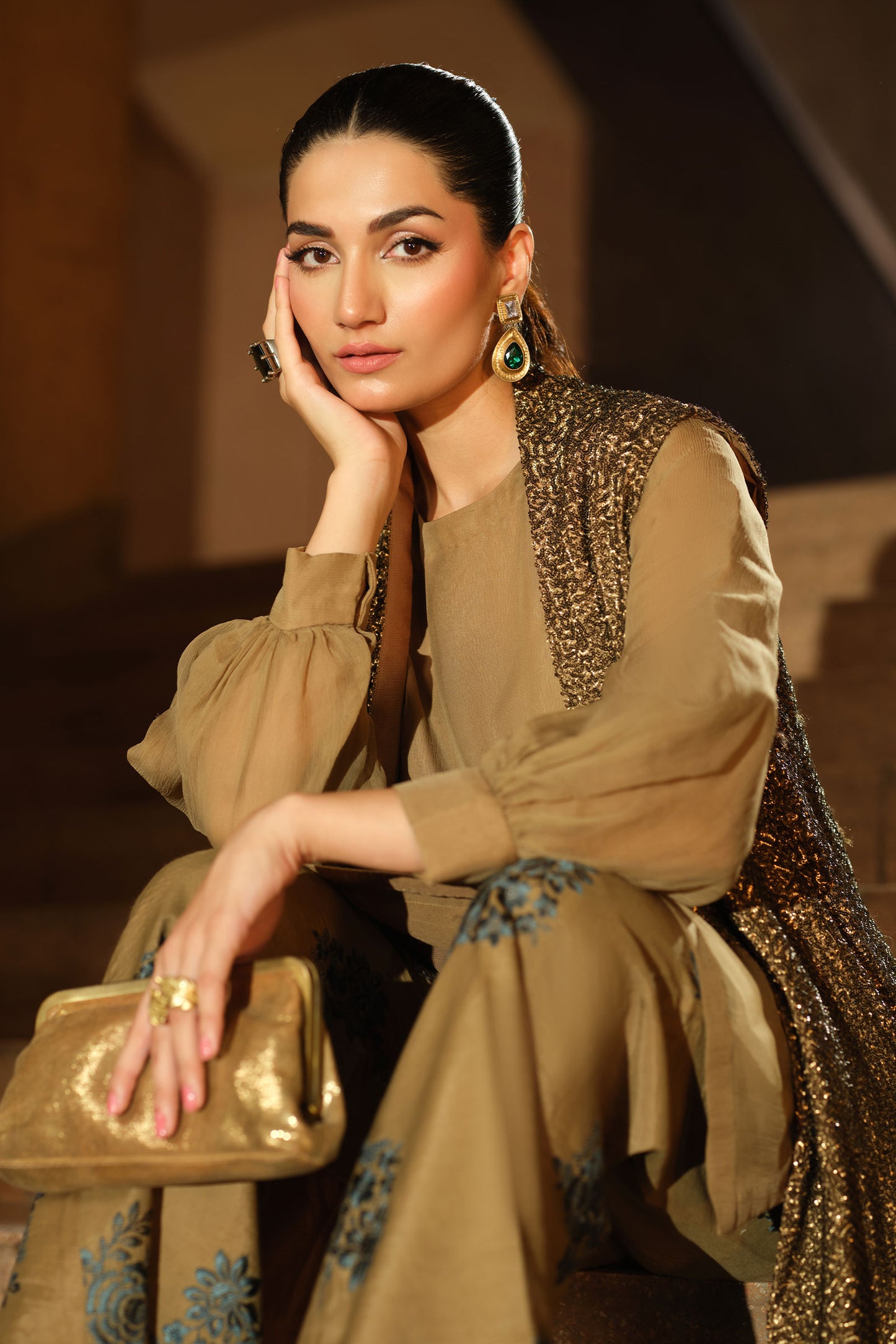 3 Piece Embroidered Raw Silk Suit