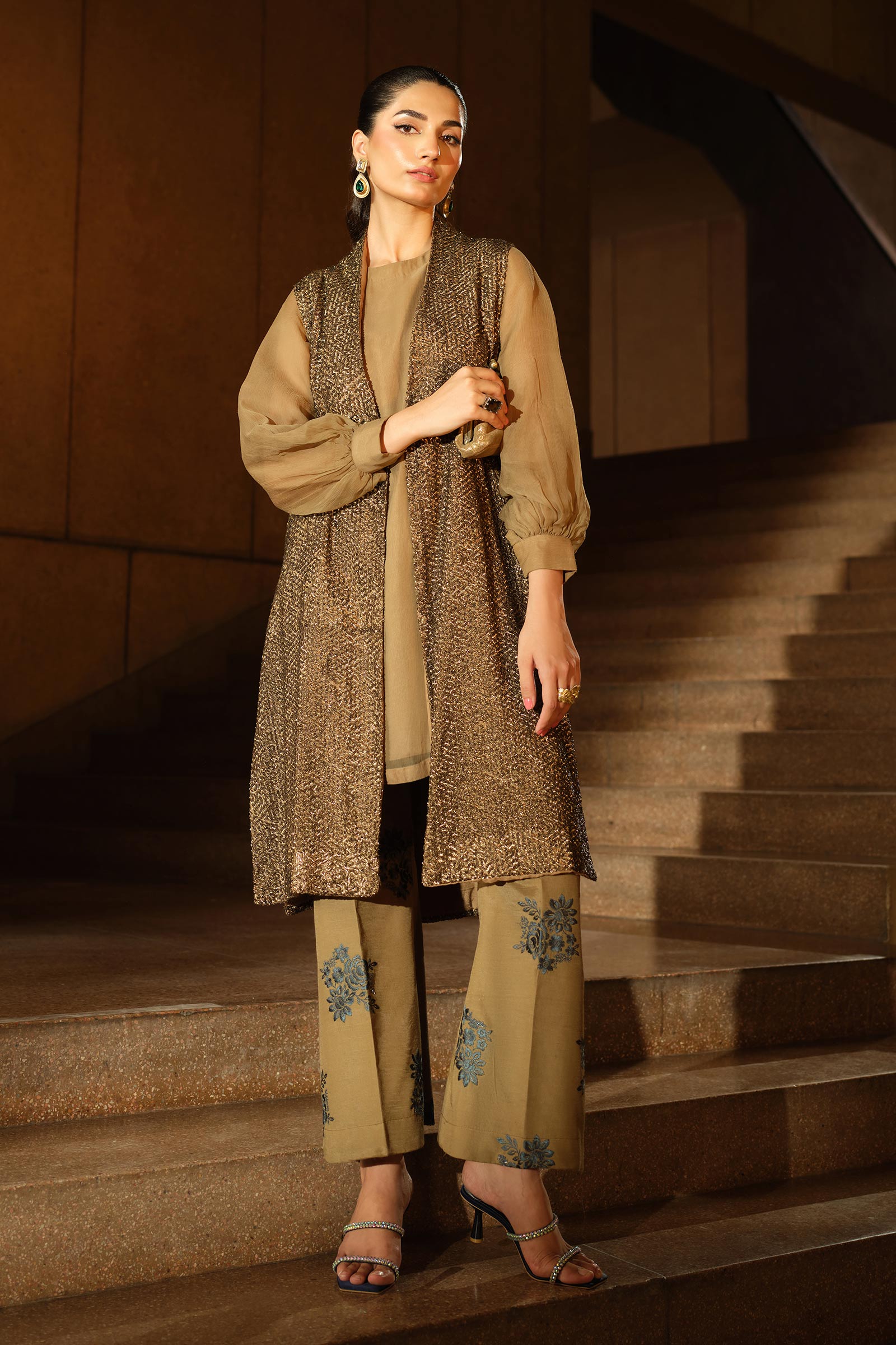 3 Piece Embroidered Raw Silk Suit