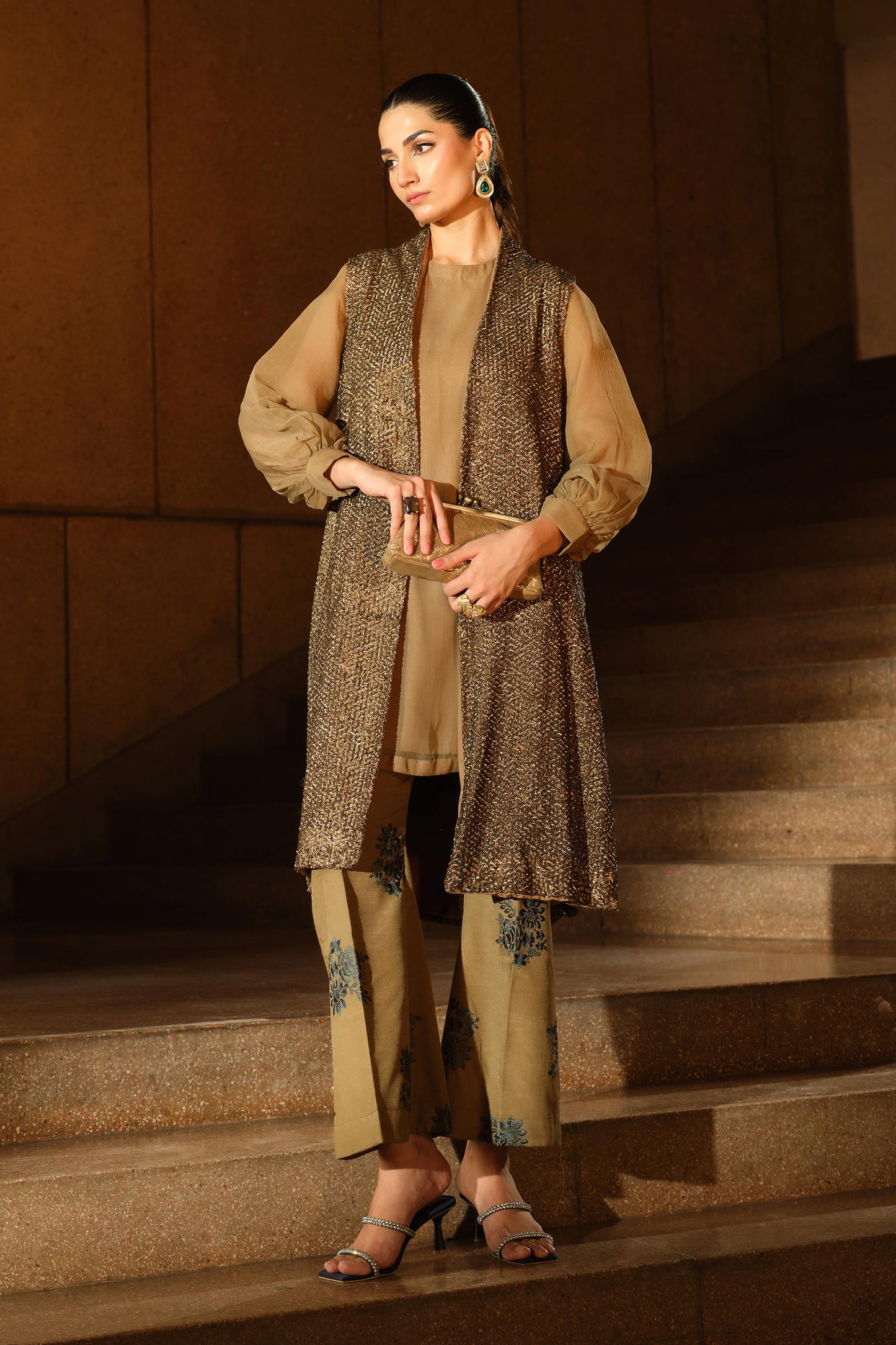 3 Piece Embroidered Raw Silk Suit