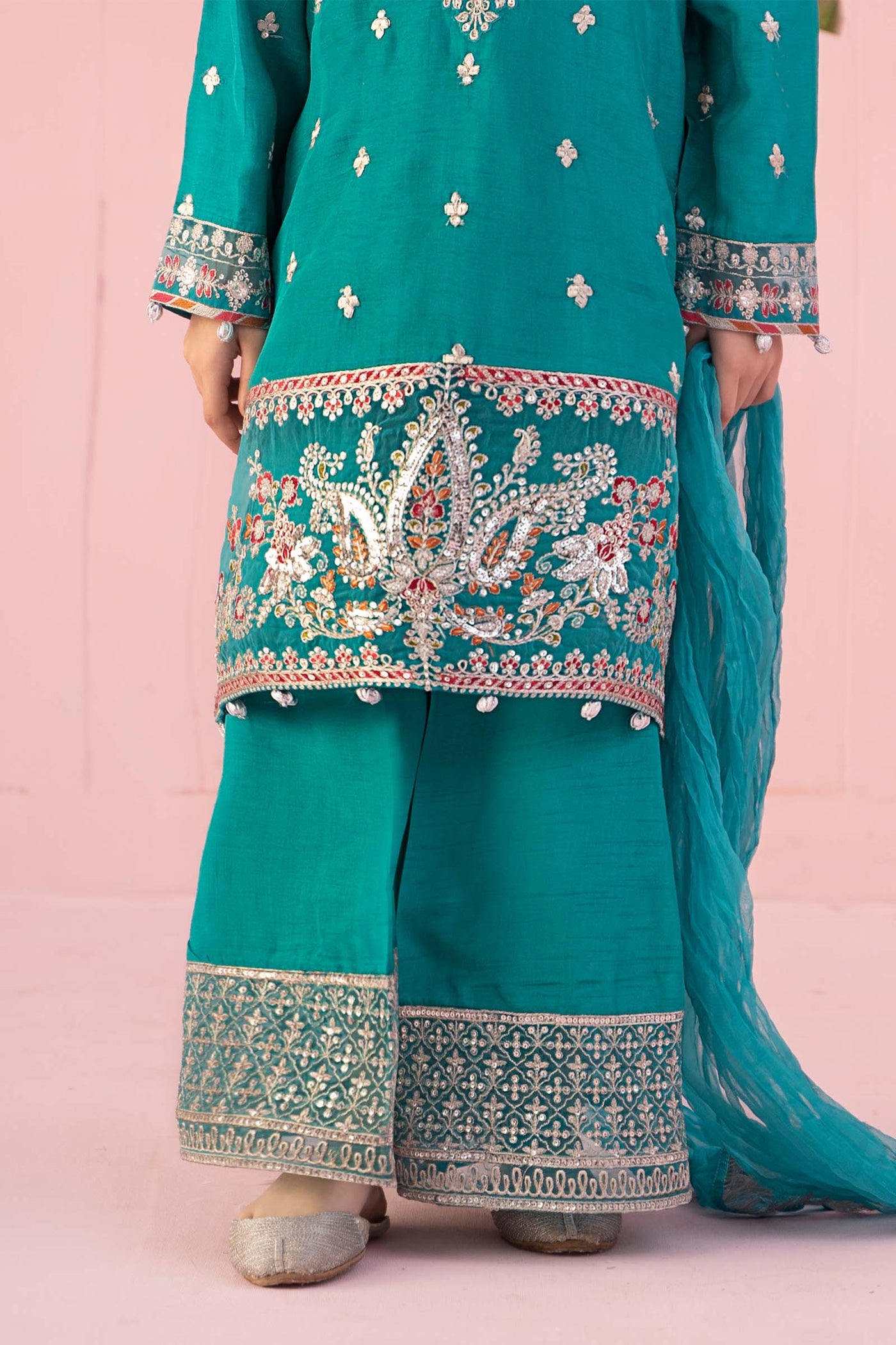 3 Piece Embroidered Raw Silk Suit