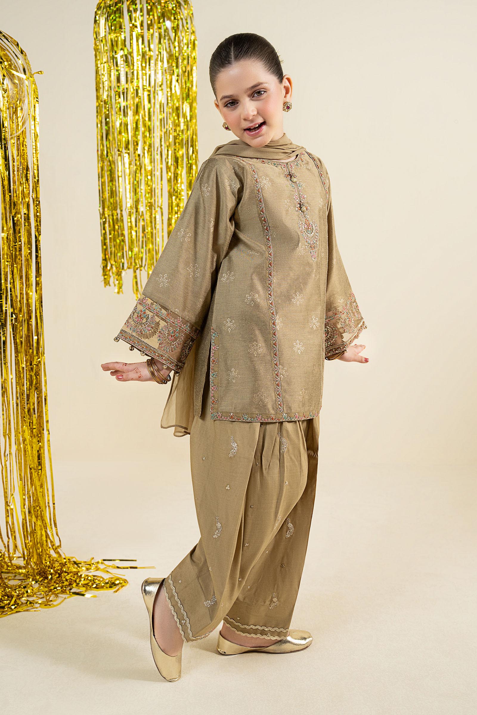 3 Piece Embroidered Black Warp Silk Suit