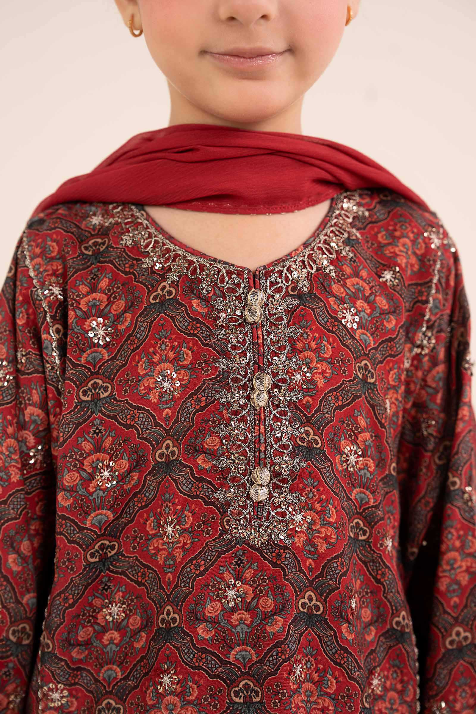 3 Piece Embroidered Raw Silk Suit