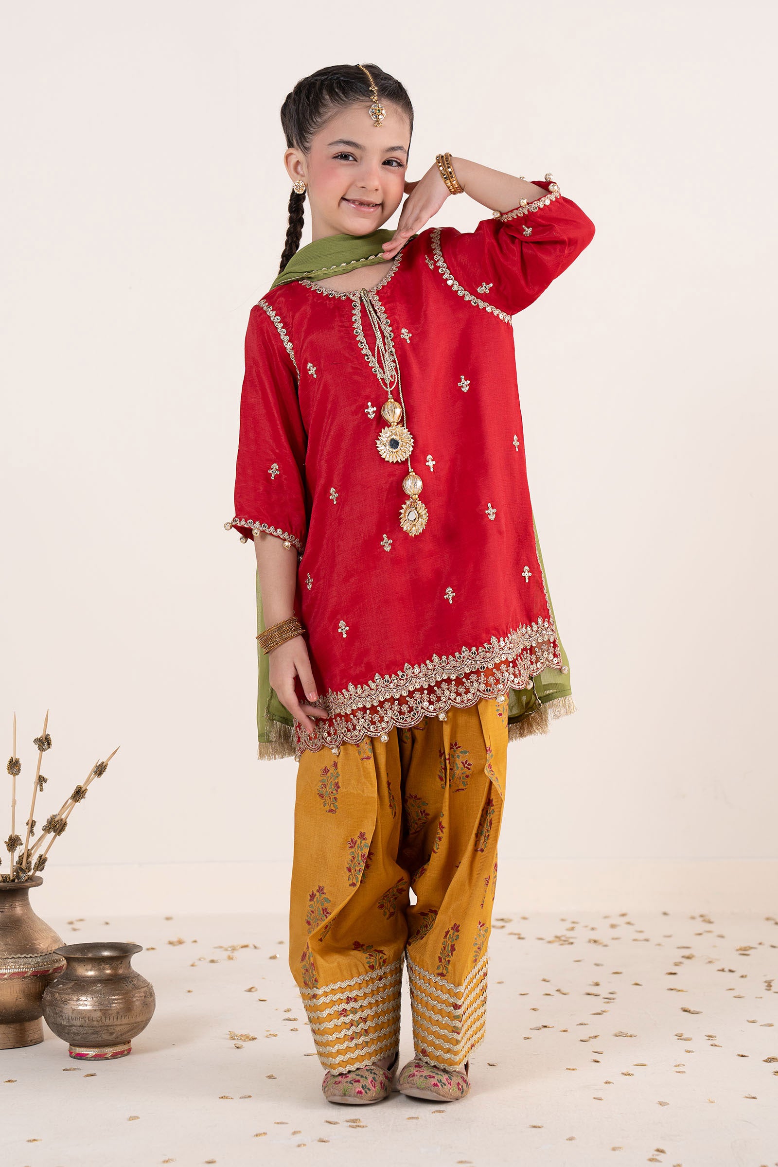 3 Piece Embroidered Raw Silk Suit