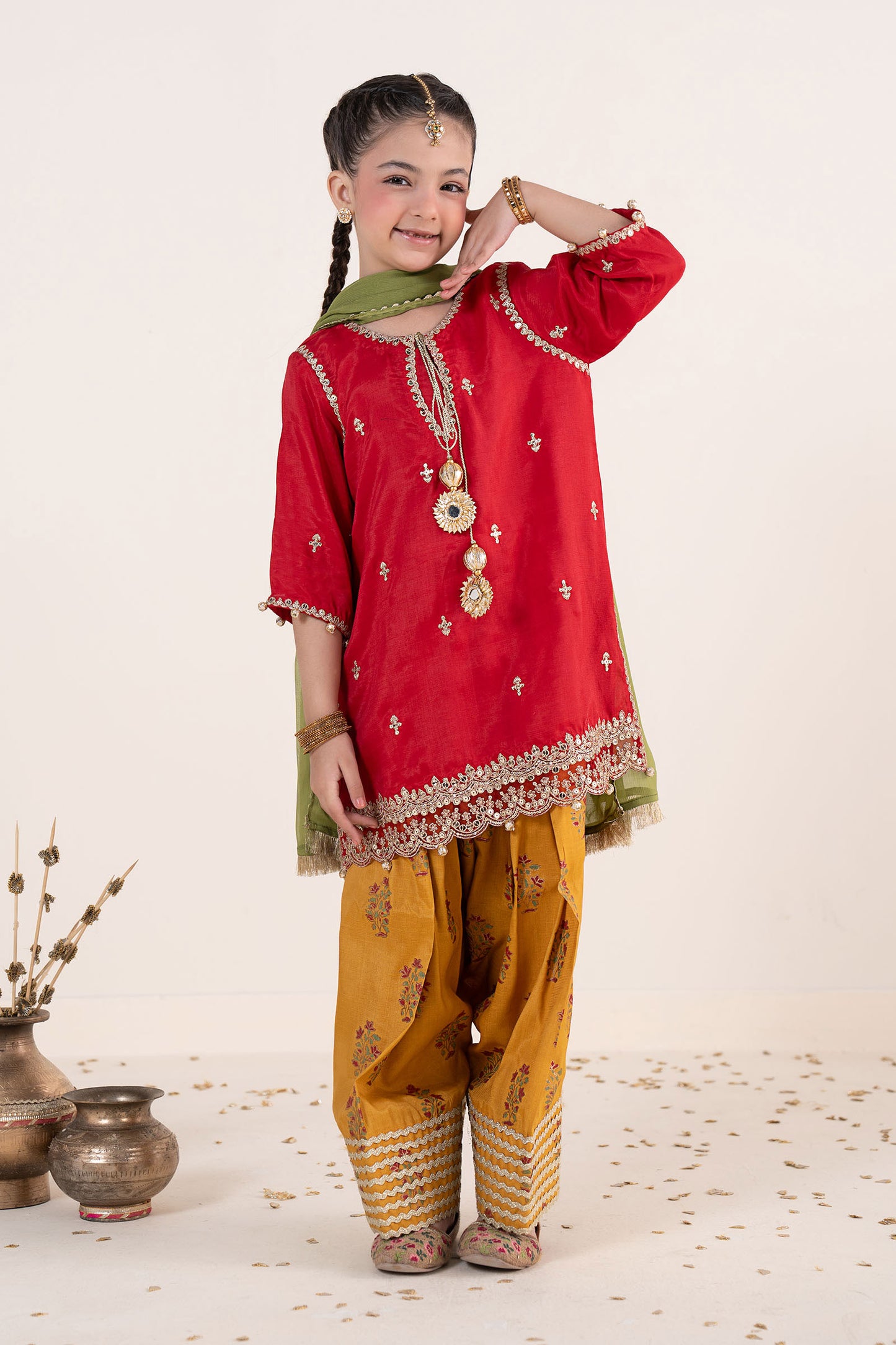 3 Piece Embroidered Raw Silk Suit