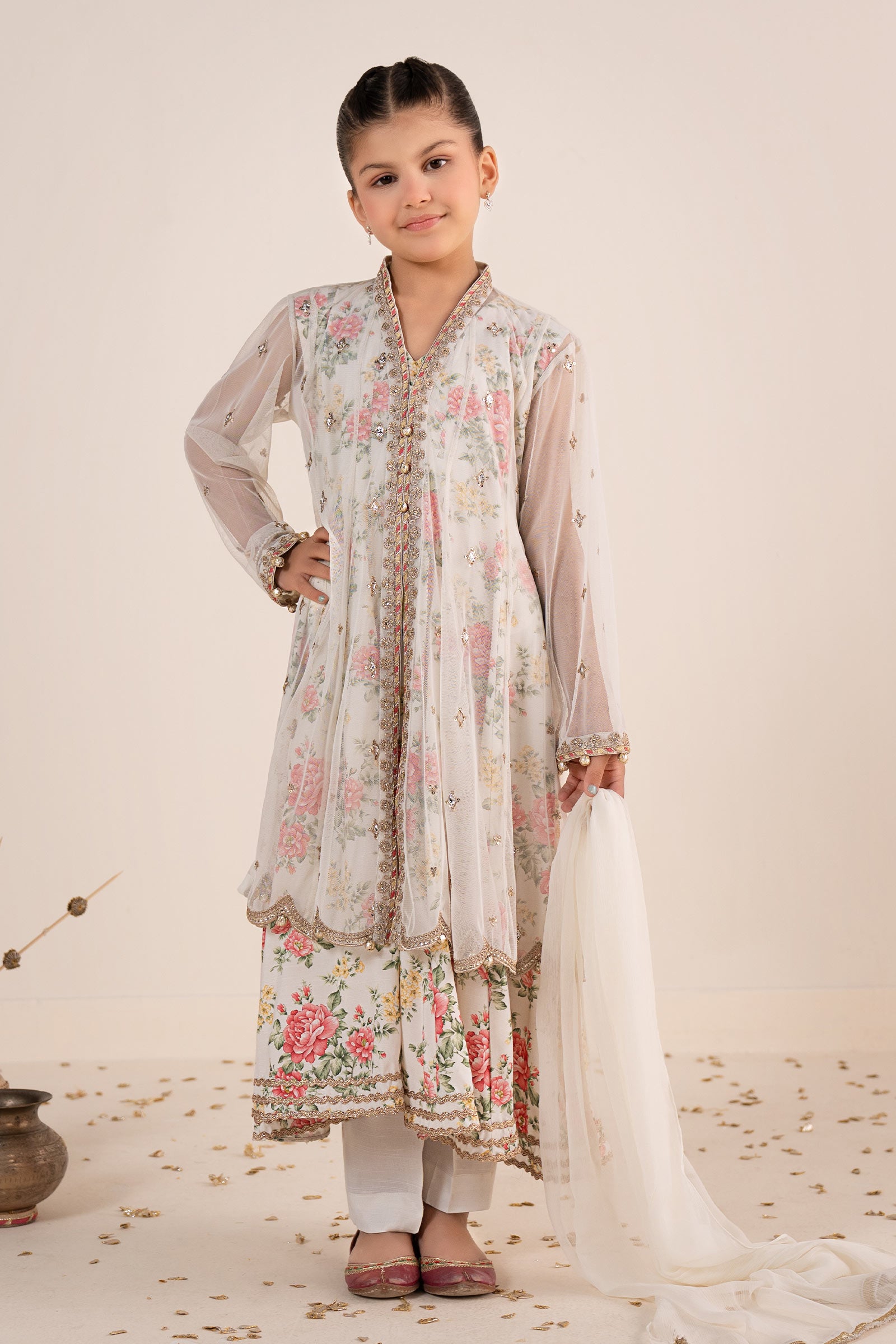 4 Piece Embroidered Net Suit