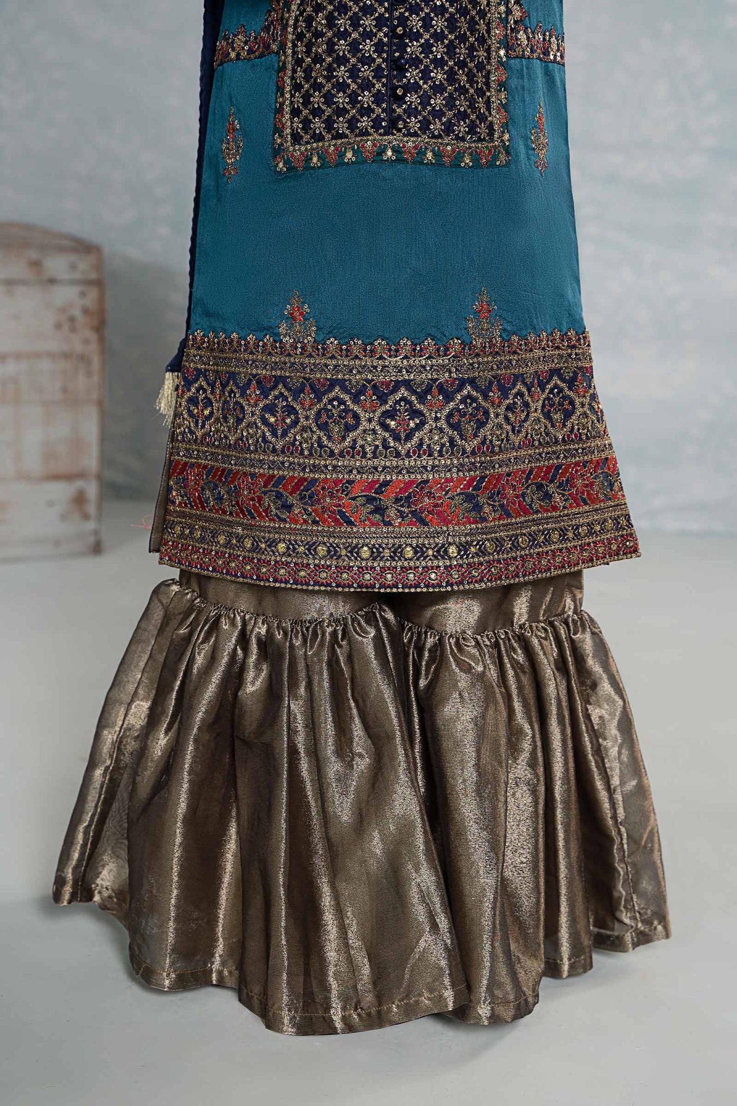 3 Piece Embroidered Raw Silk Suit