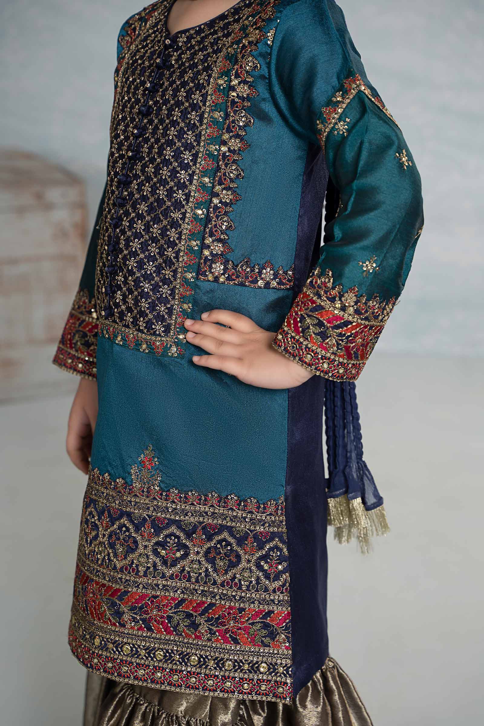 3 Piece Embroidered Raw Silk Suit