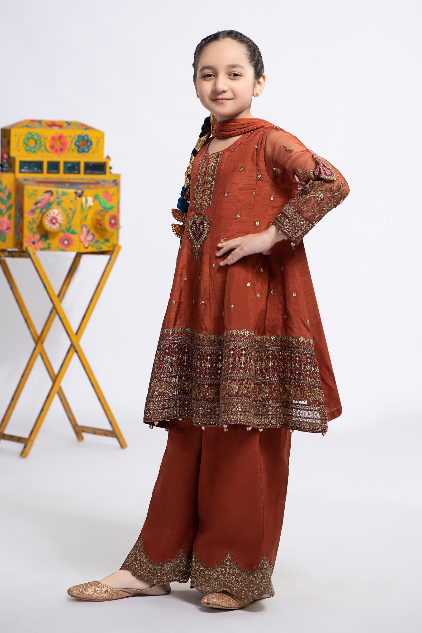 3 Piece Embroidered Raw Silk Suit