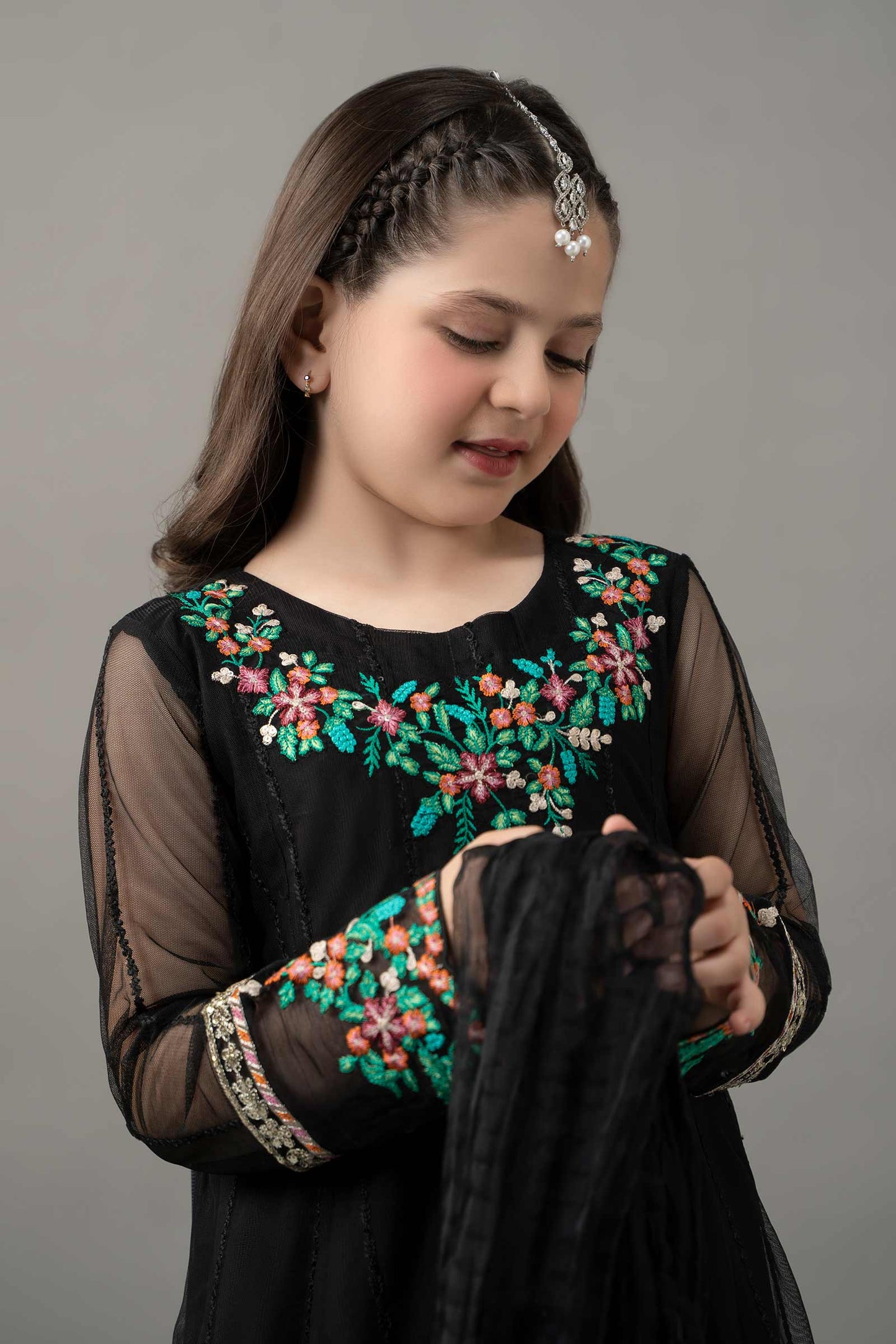 3 Piece Embroidered Polyester Net Suit