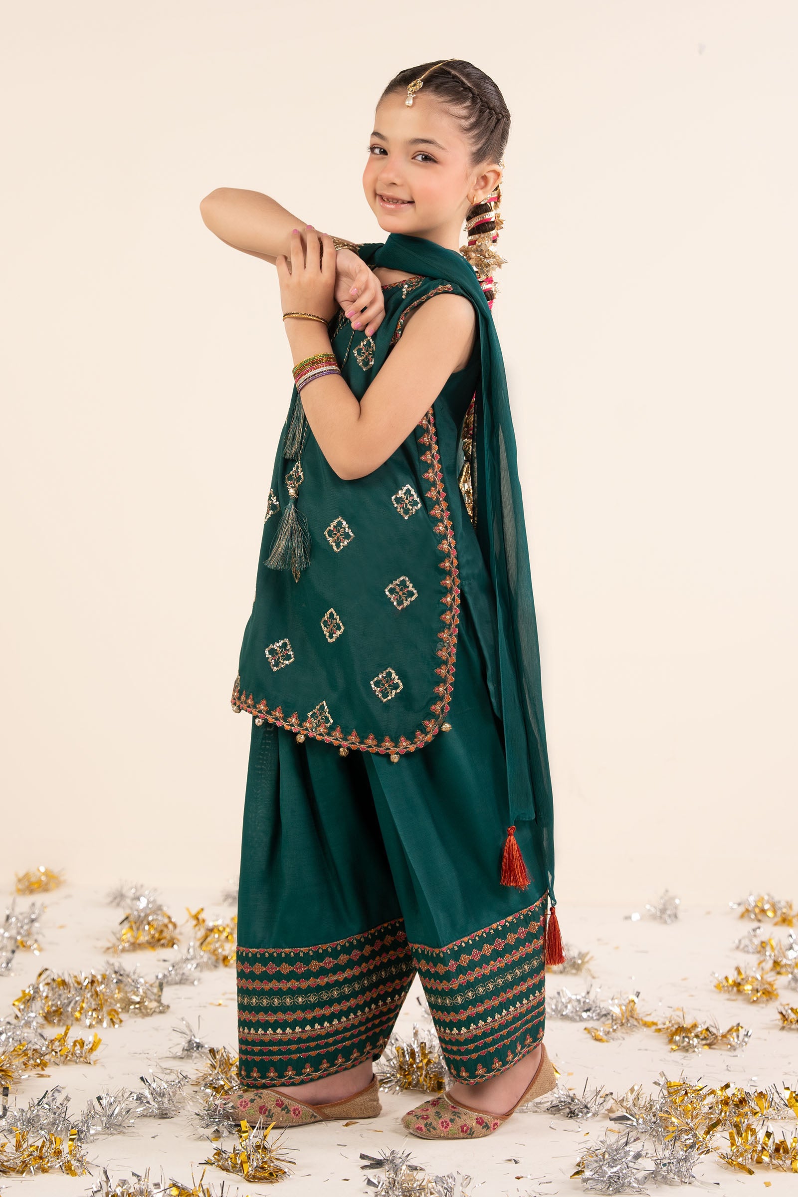 3 Piece Embroidered Raw Silk Suit