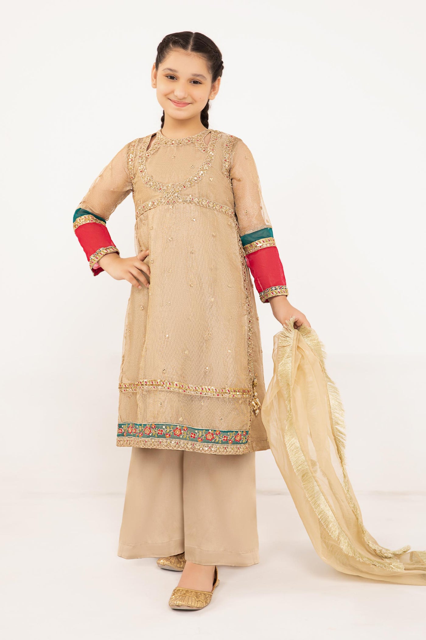 3 Piece Embroidered Zari Net Suit
