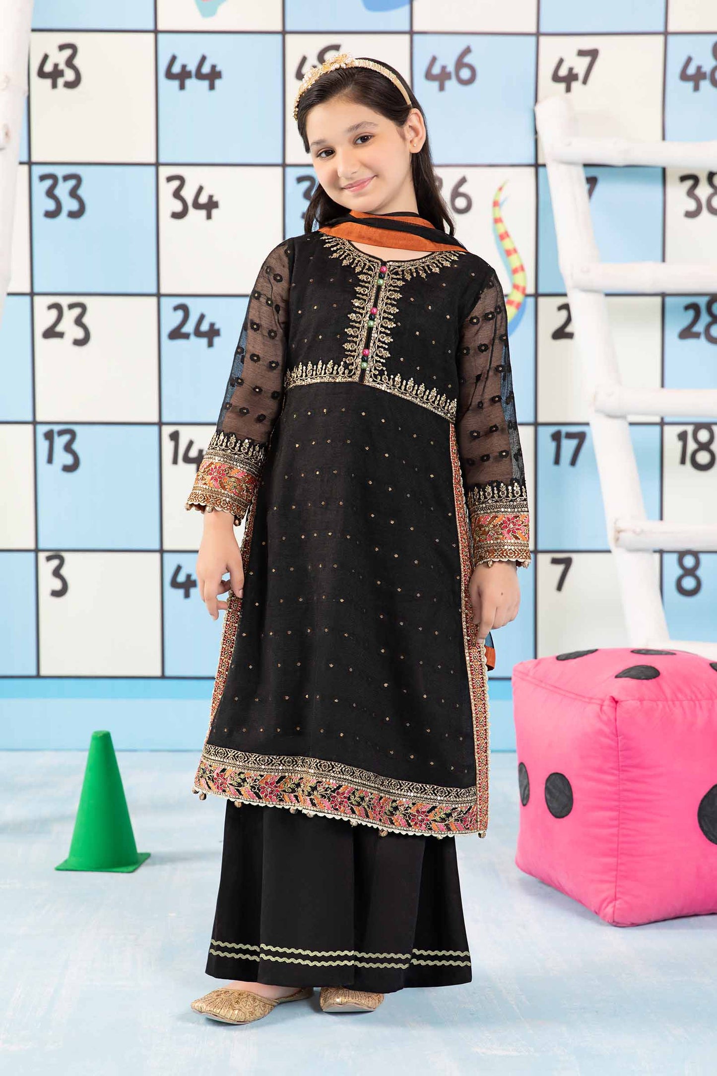 3 Piece Embroidered Cotton Zari Net Suit