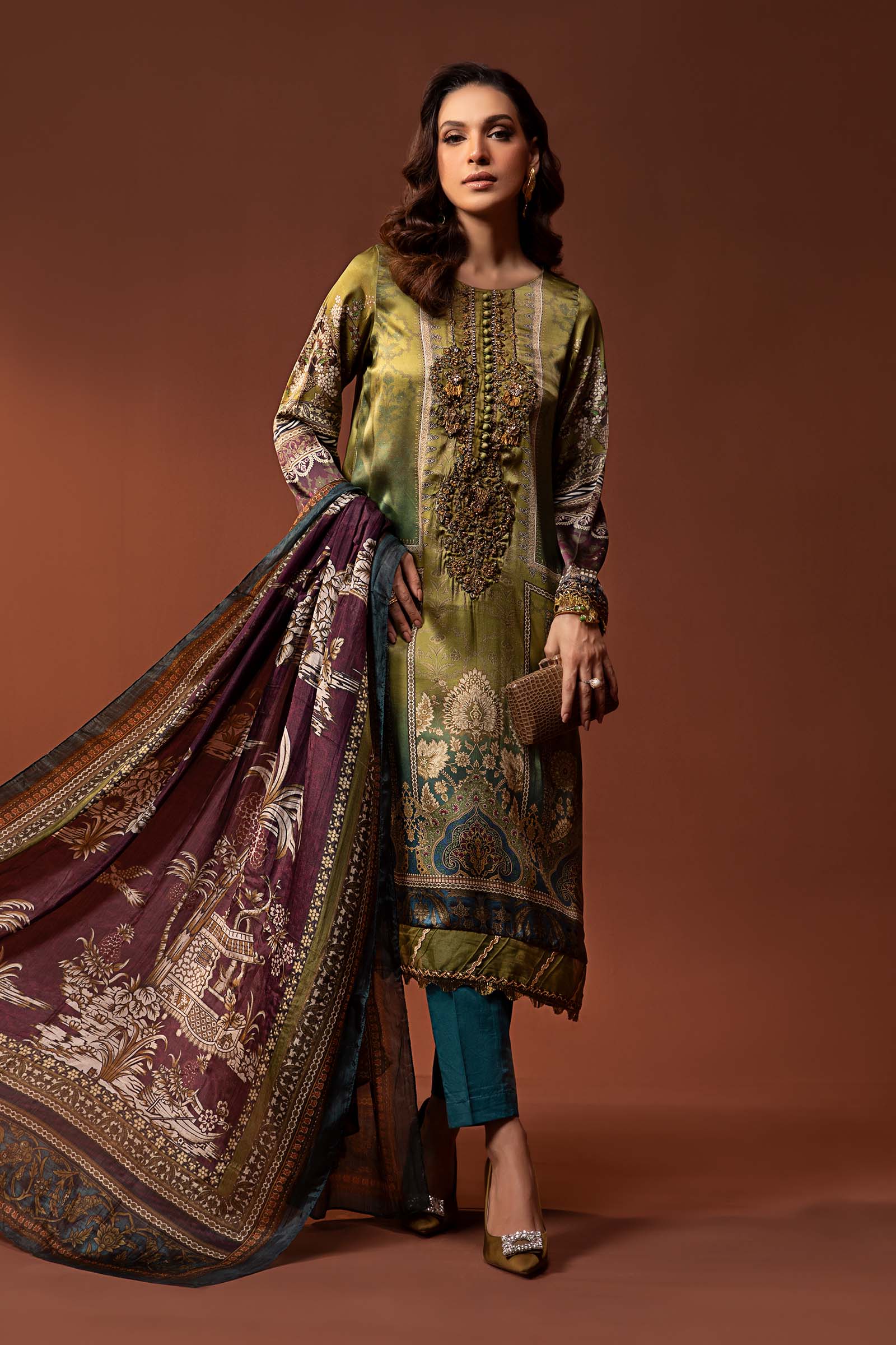 3 Piece Embroidered Pure Charmeuse Silk Suit