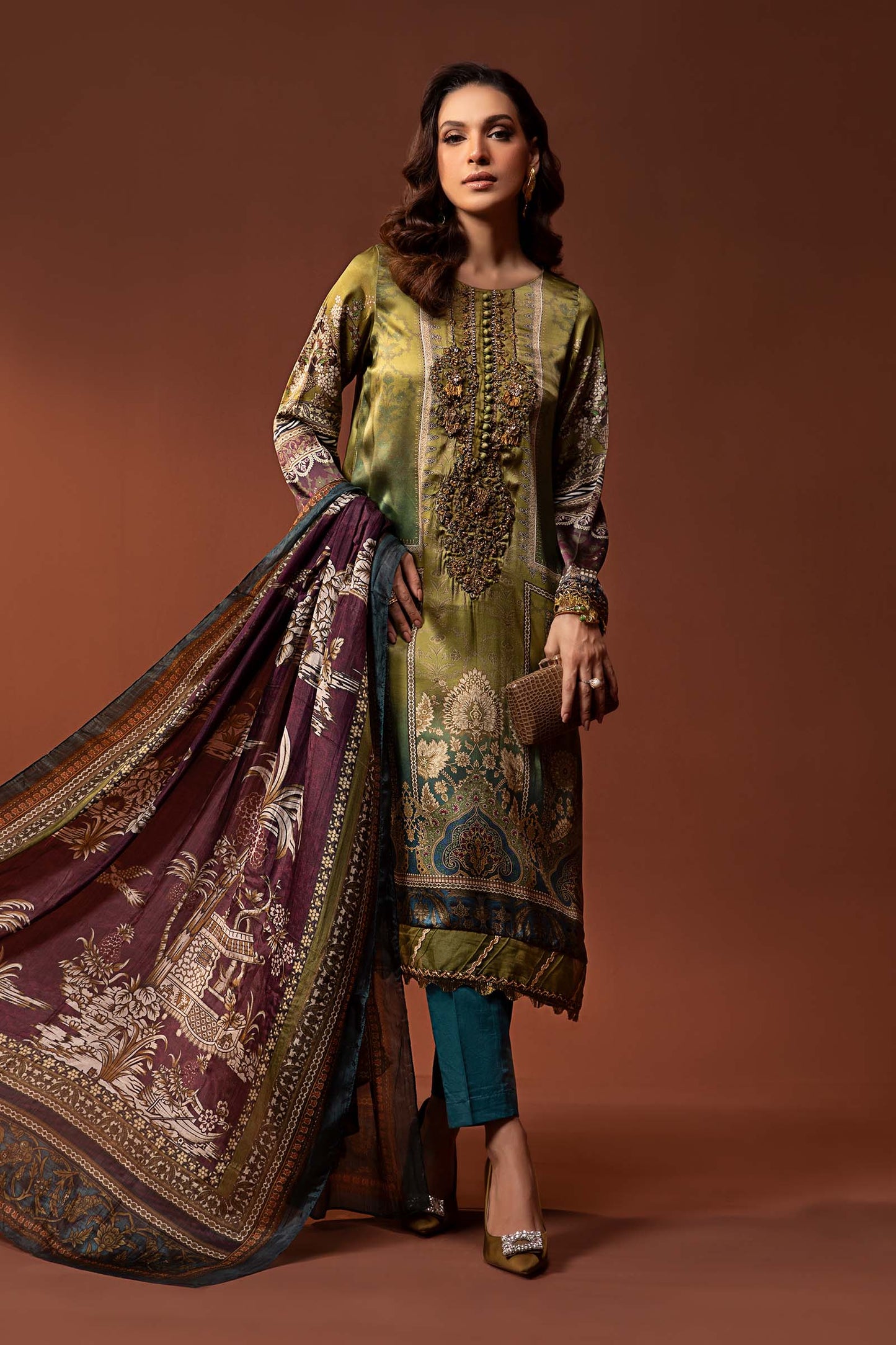 3 Piece Embroidered Pure Charmeuse Silk Suit