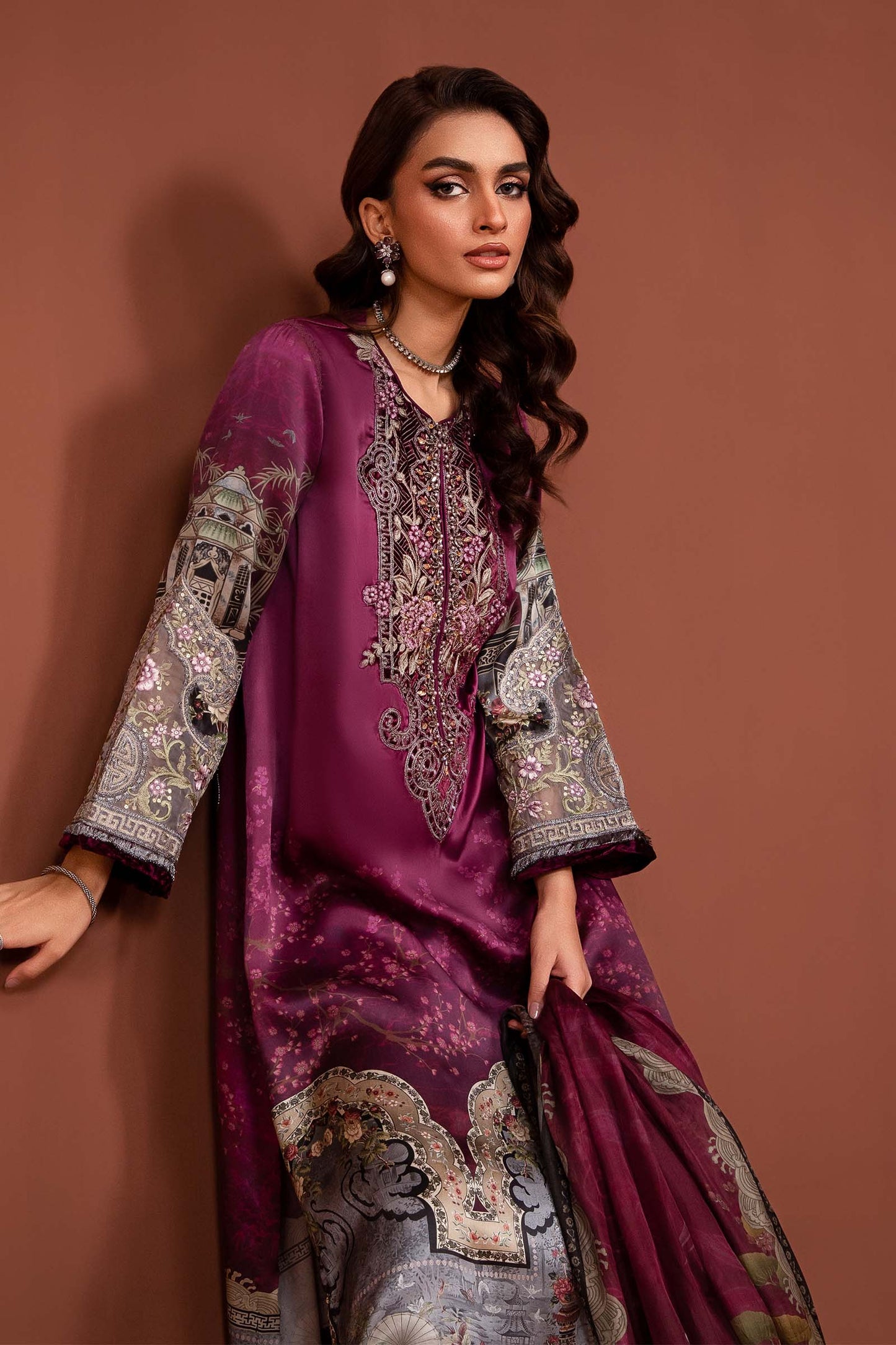 3 Piece Embroidered Pure Charmeuse Silk Suit