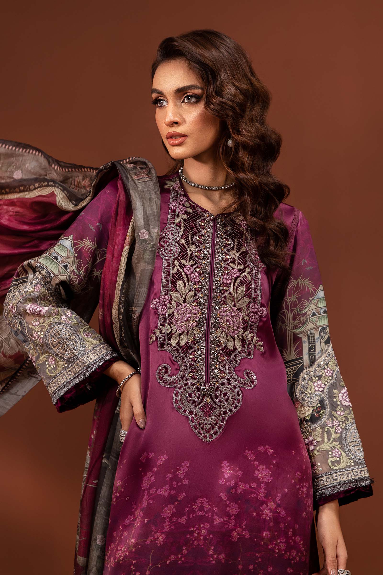3 Piece Embroidered Pure Charmeuse Silk Suit