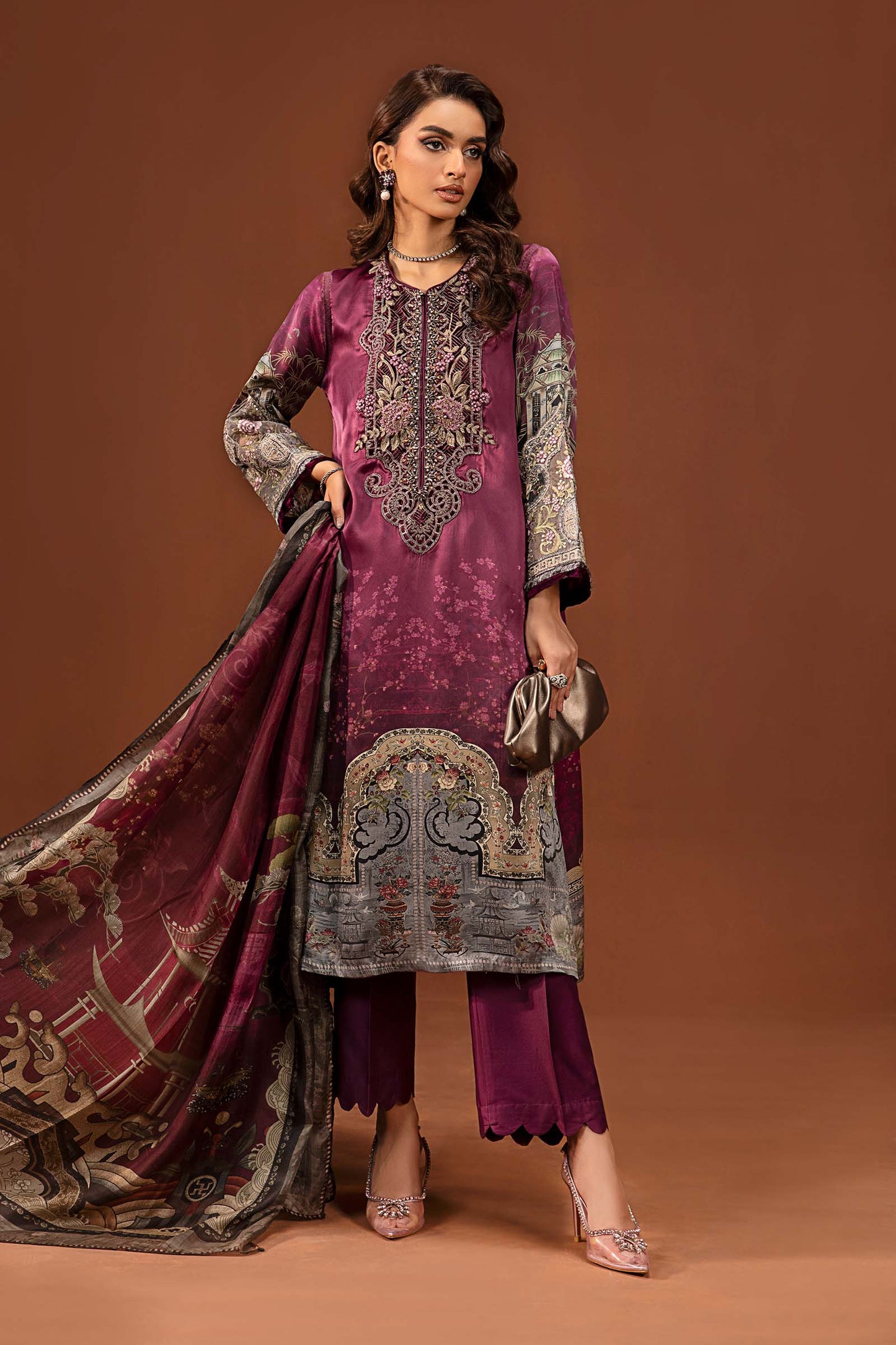 3 Piece Embroidered Pure Charmeuse Silk Suit