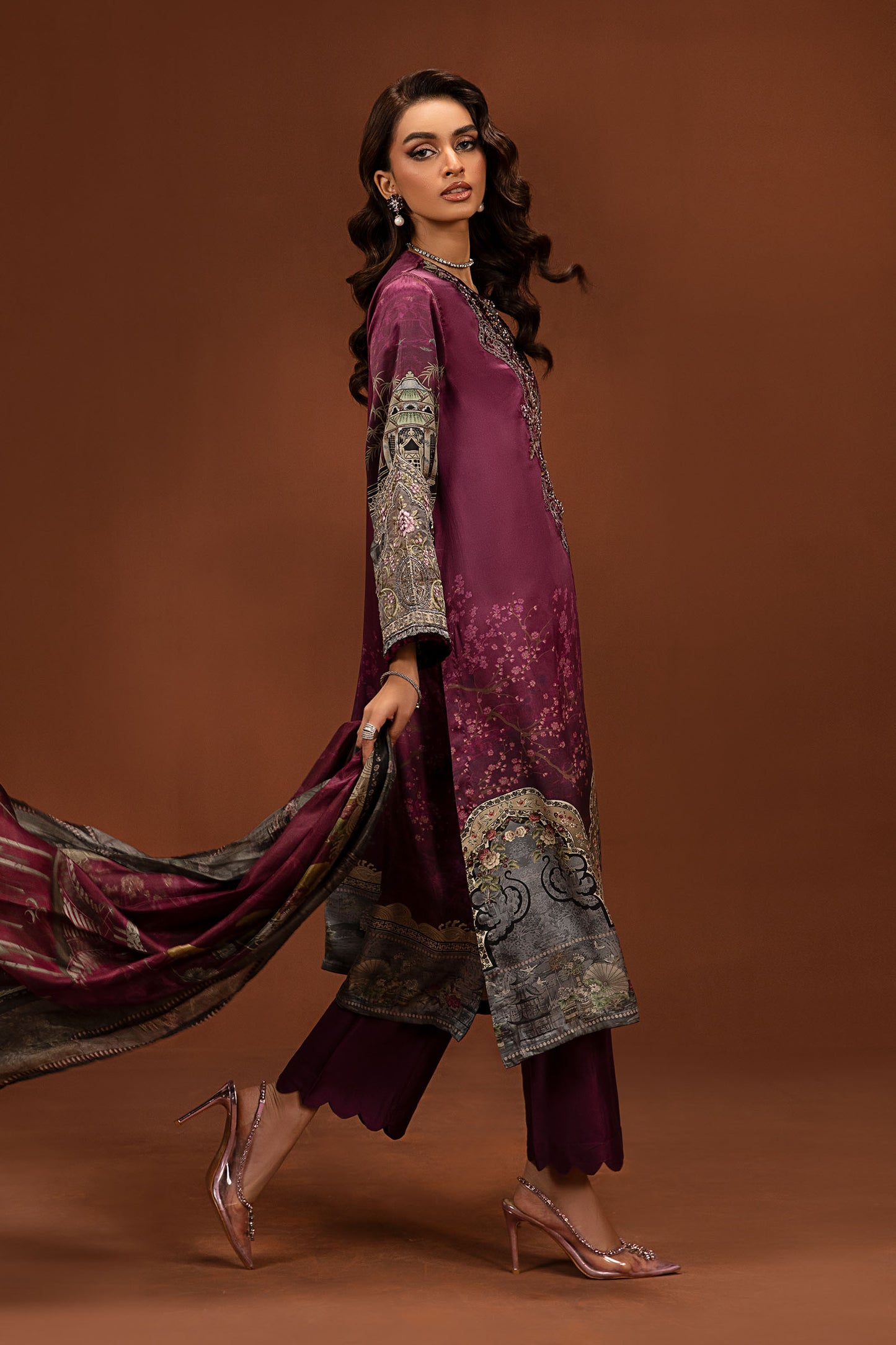 3 Piece Embroidered Pure Charmeuse Silk Suit