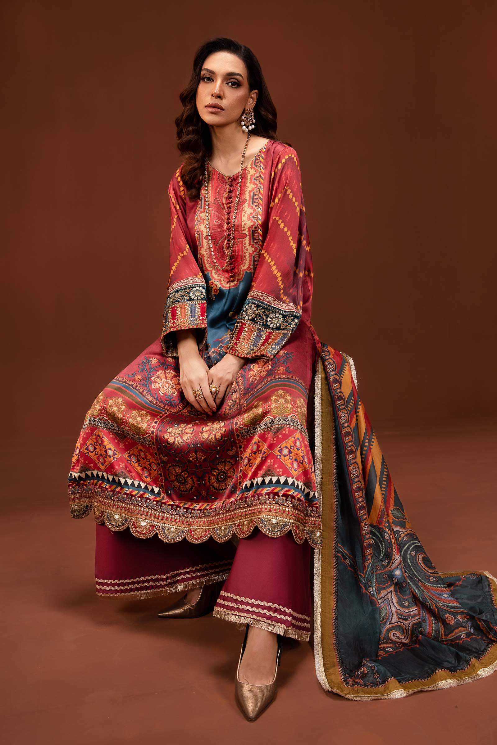3 Piece Printed Pure Charmeuse Silk Suit