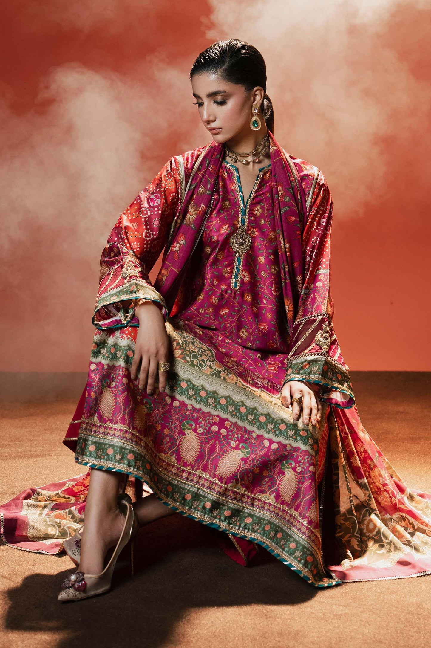 3 Piece Embroidered Satin Silk Suit