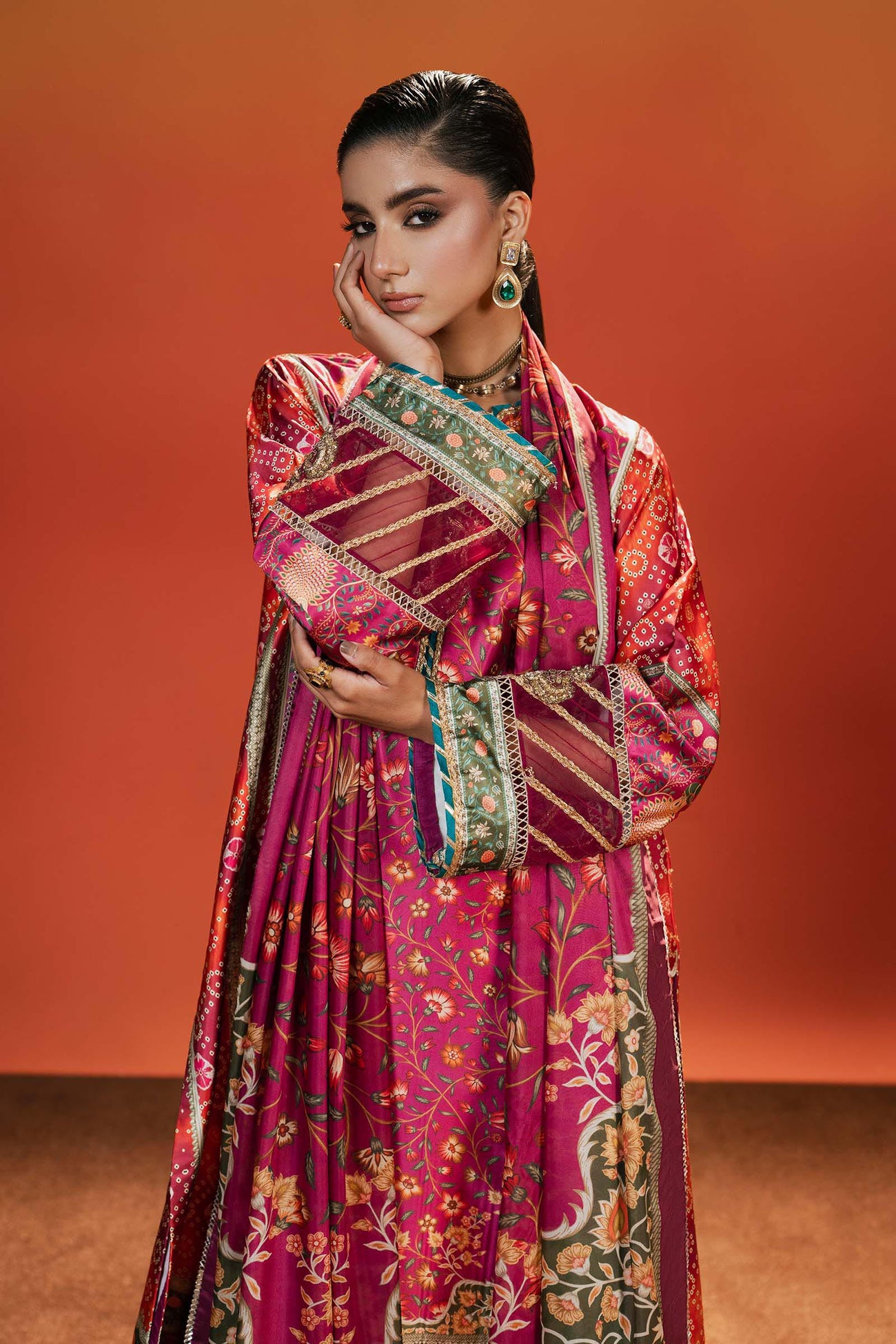 3 Piece Embroidered Satin Silk Suit