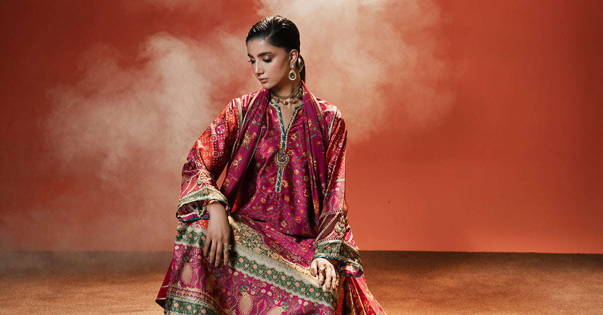 3 Piece Embroidered Satin Silk Suit