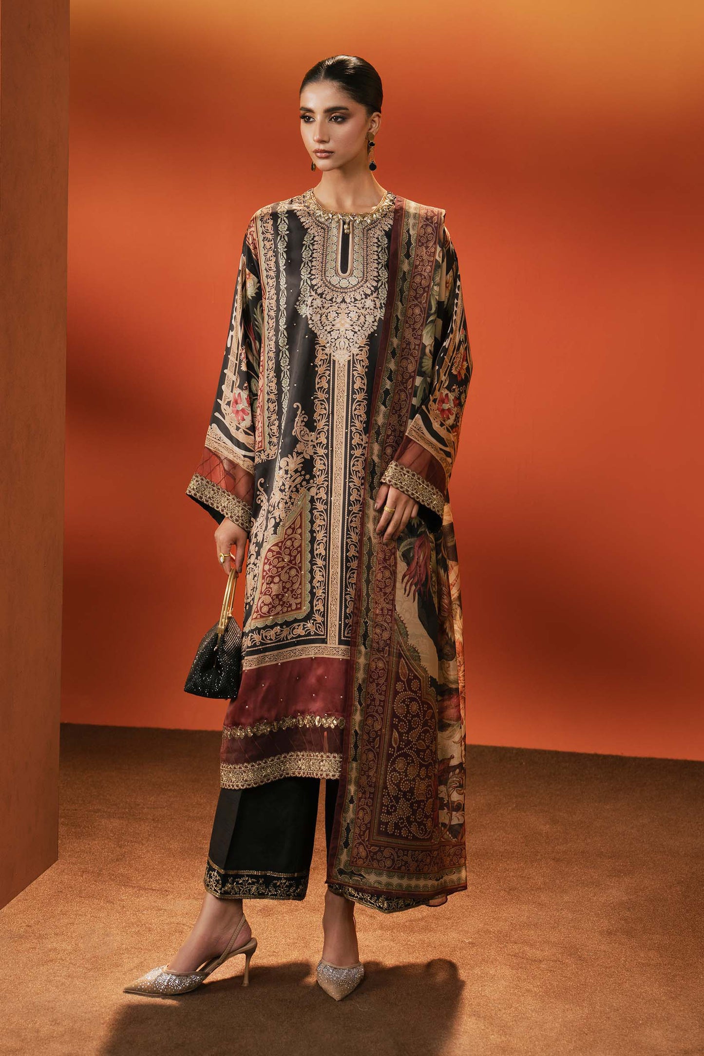 3 Piece Embroidered Satin Silk Suit