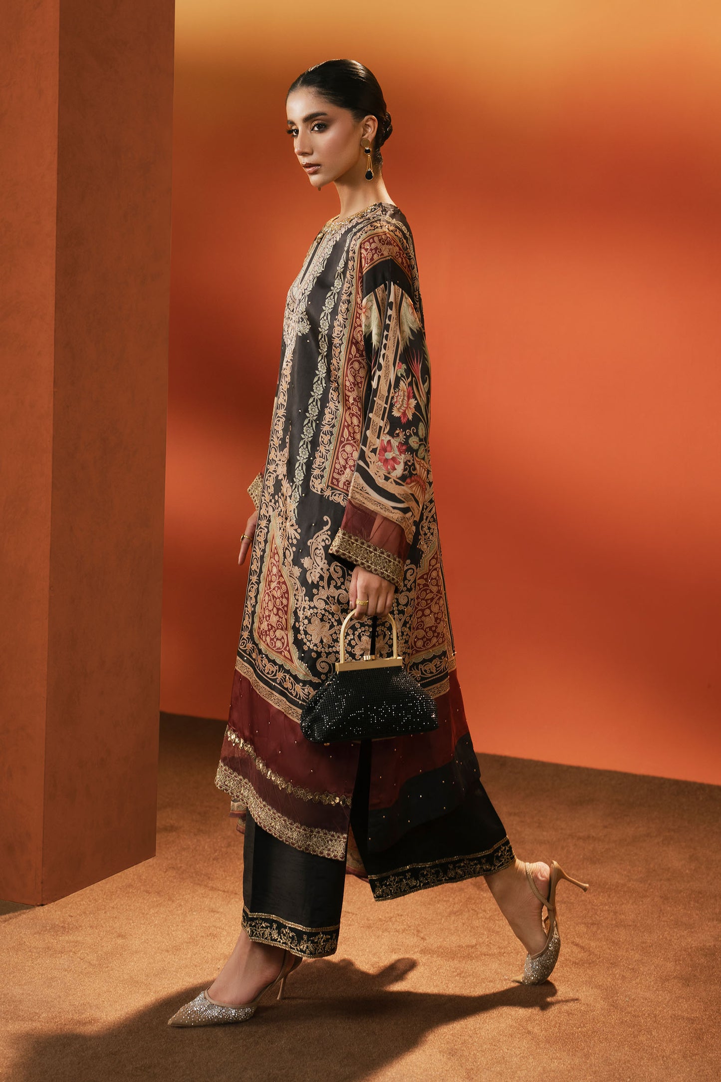 3 Piece Embroidered Satin Silk Suit