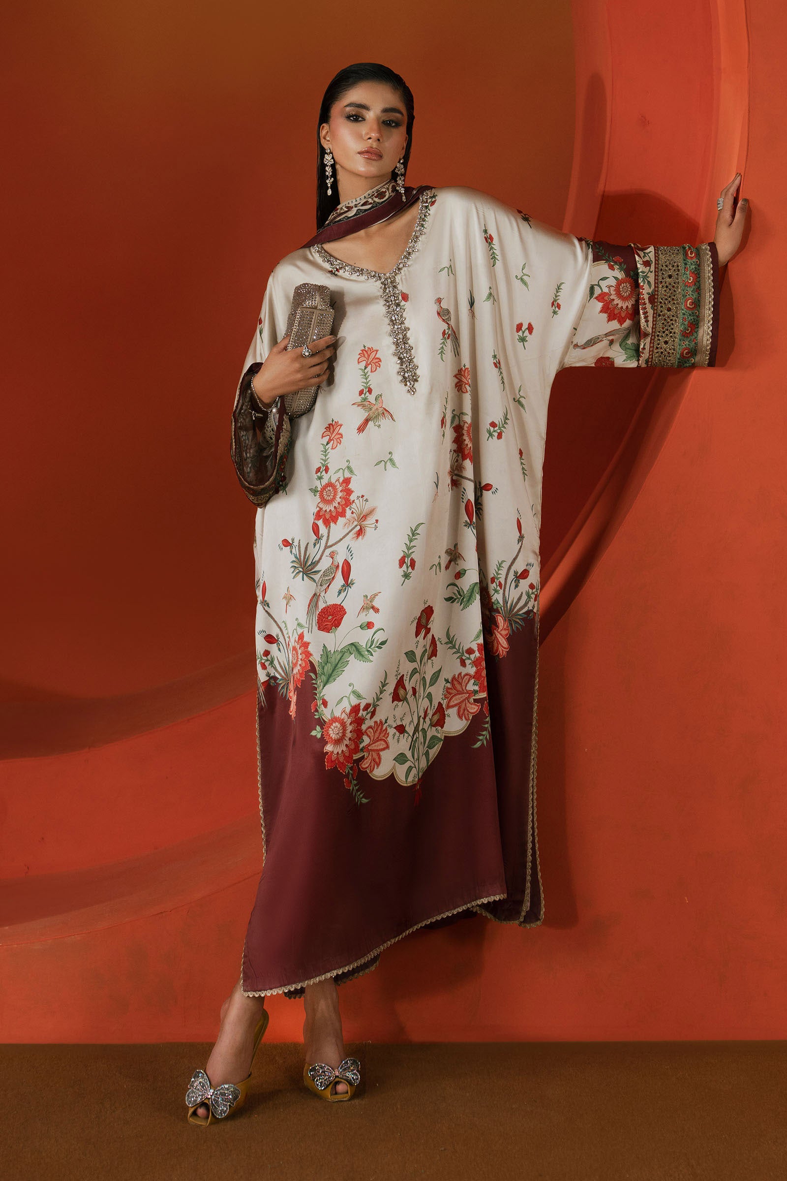 3 Piece Embellished Satin Silk Suit