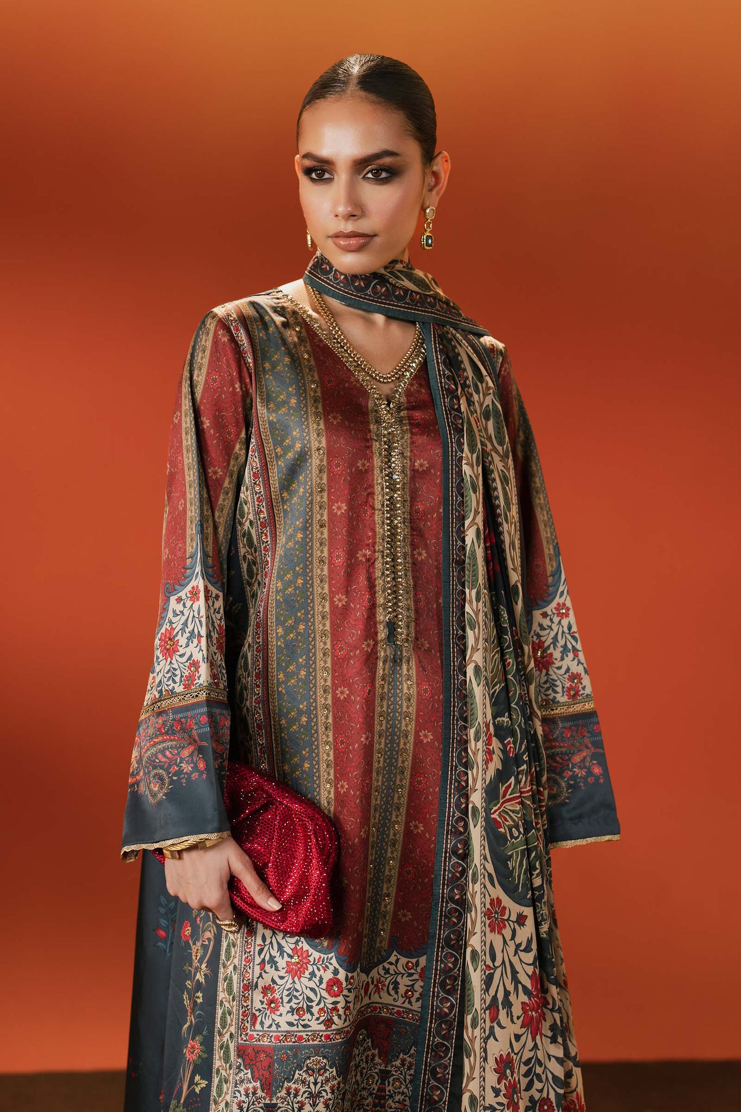 3 Piece Embroidered Satin Silk Suit