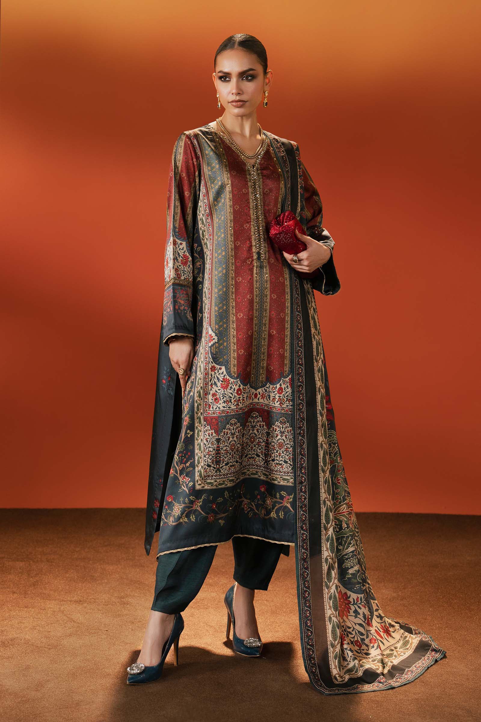3 Piece Embroidered Satin Silk Suit