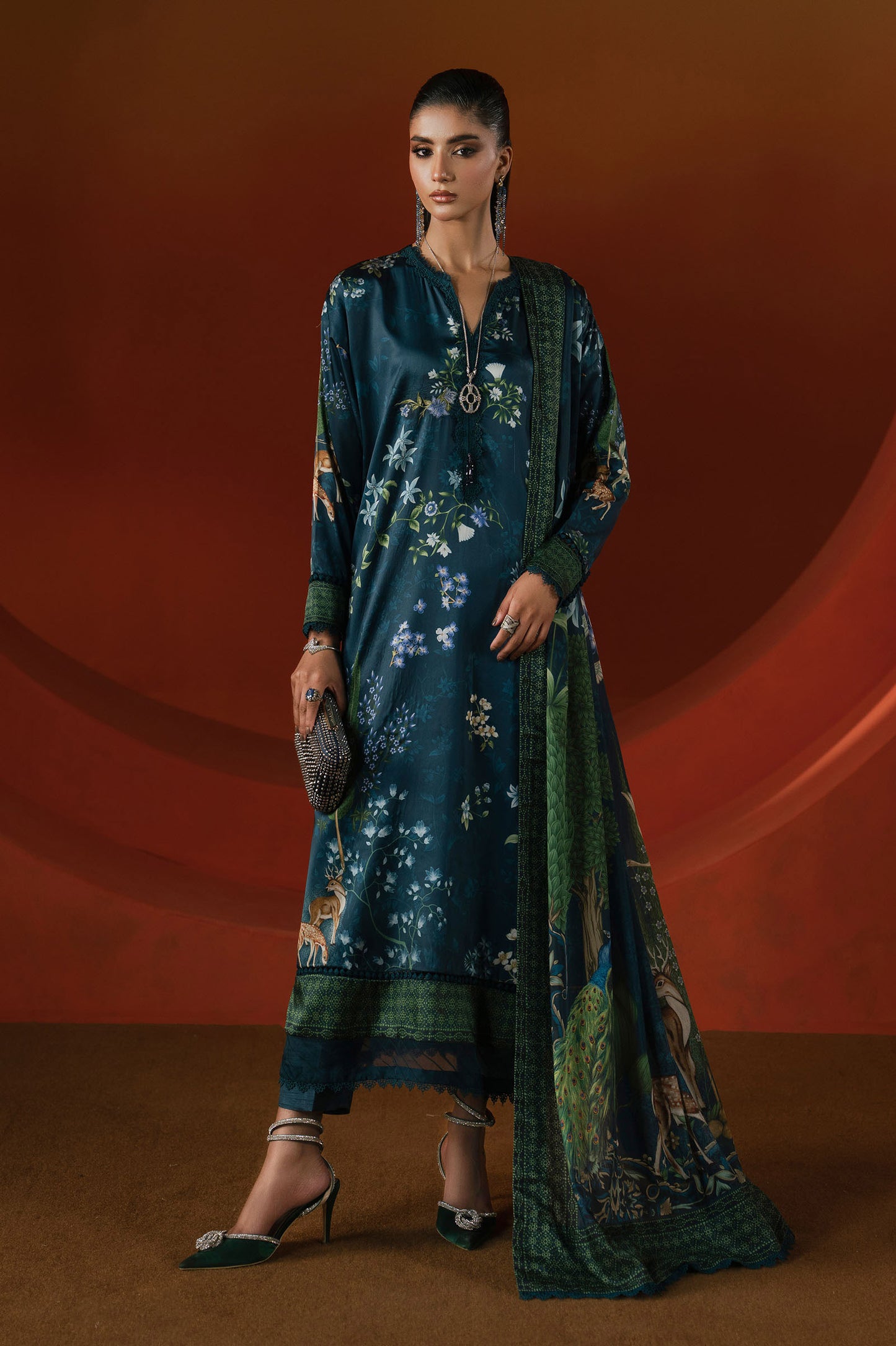 3 Piece Printed Satin Silk Suit