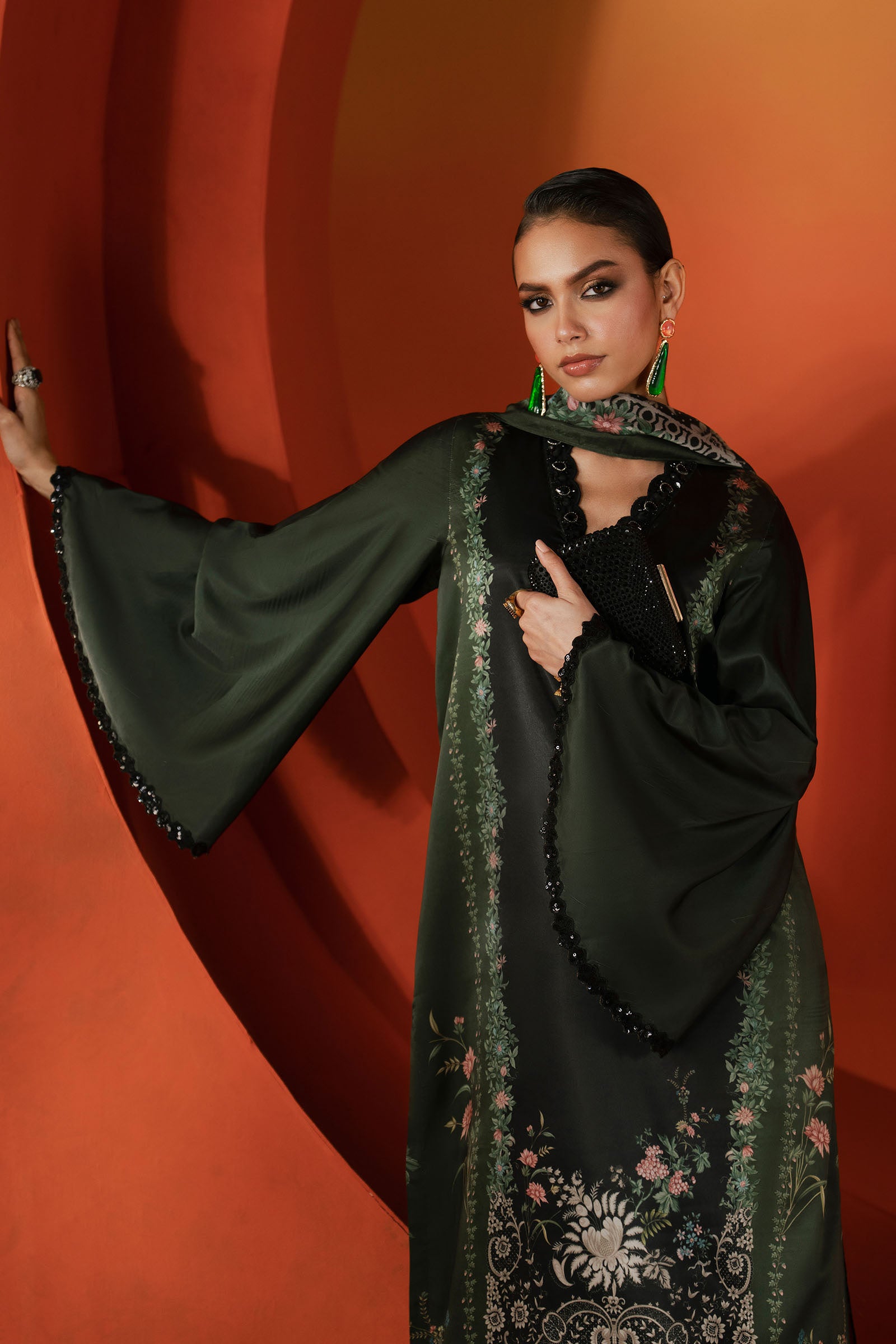 3 Piece Embroidered Satin Silk Suit