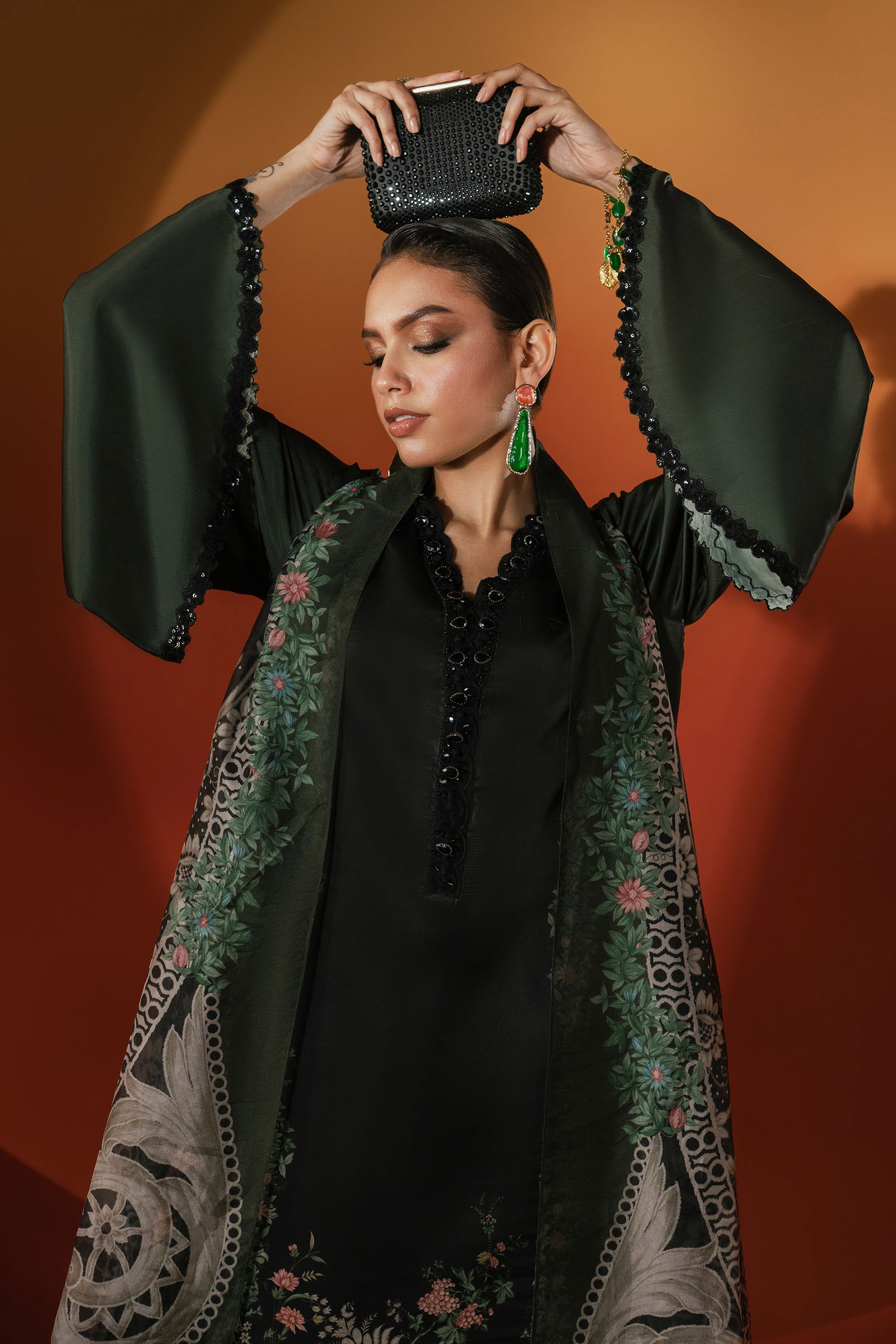 3 Piece Embroidered Satin Silk Suit