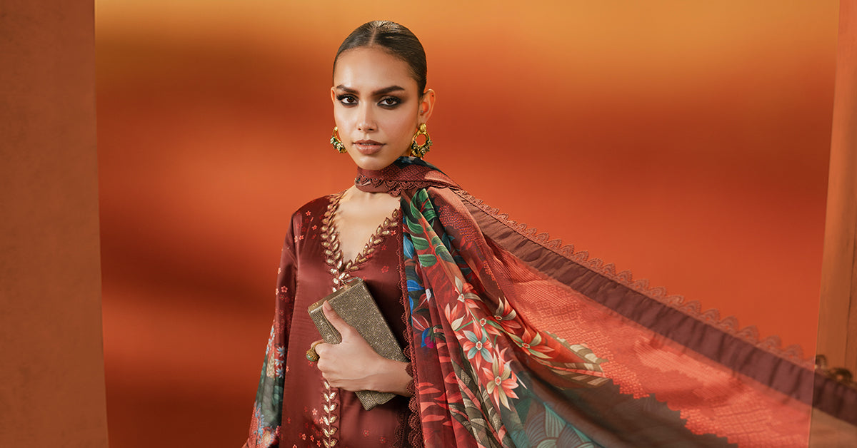 3 Piece Embroidered Satin Silk Suit