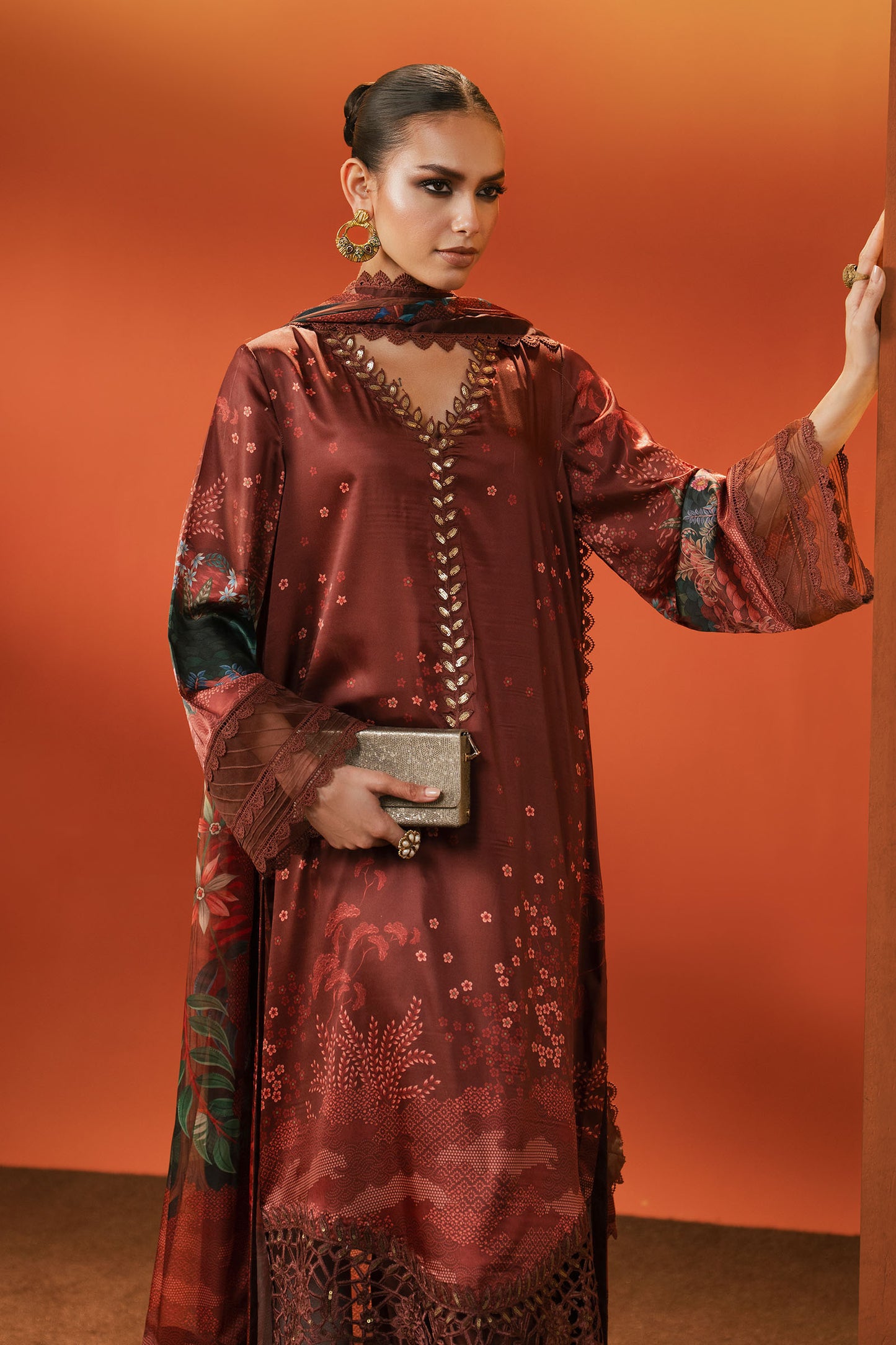 3 Piece Embroidered Satin Silk Suit