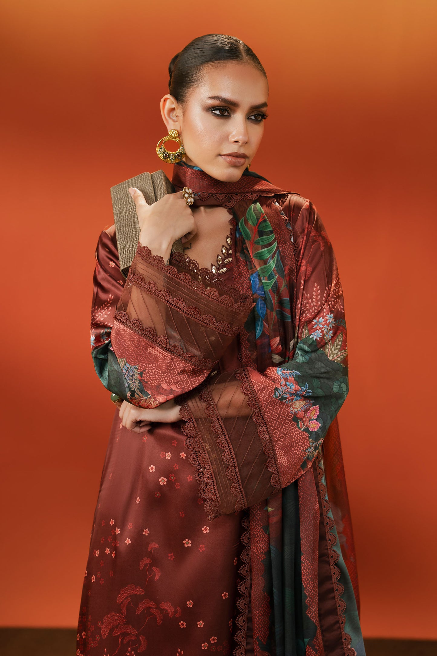 3 Piece Embroidered Satin Silk Suit