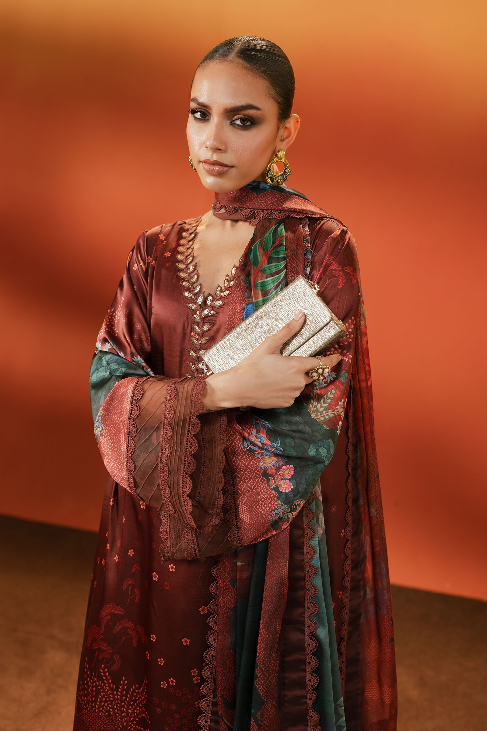 3 Piece Embroidered Satin Silk Suit