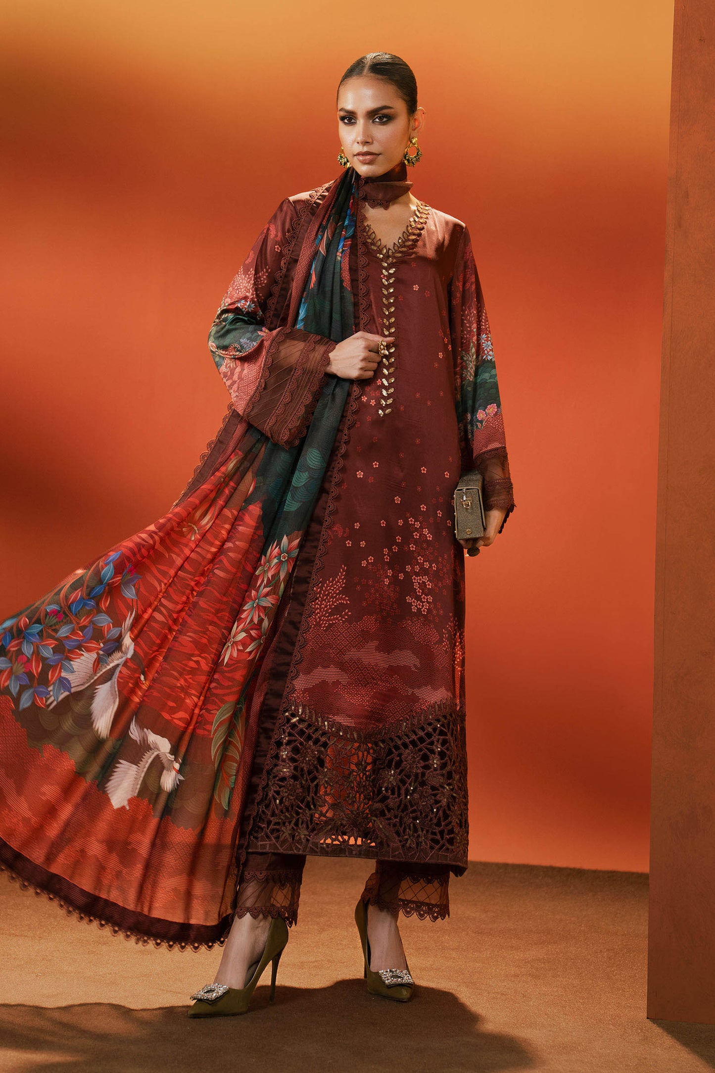 3 Piece Embroidered Satin Silk Suit
